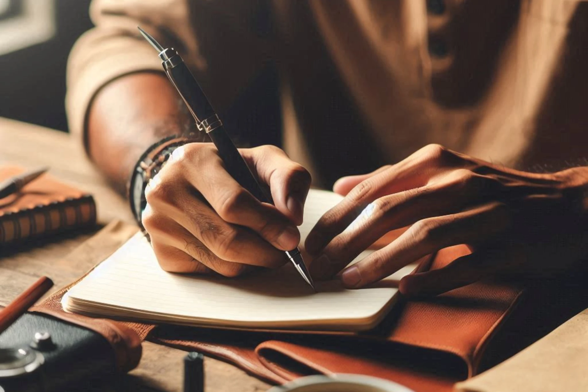Mãos segurando caneta e escrevendo em caderno pautado numa mesa de madeira.