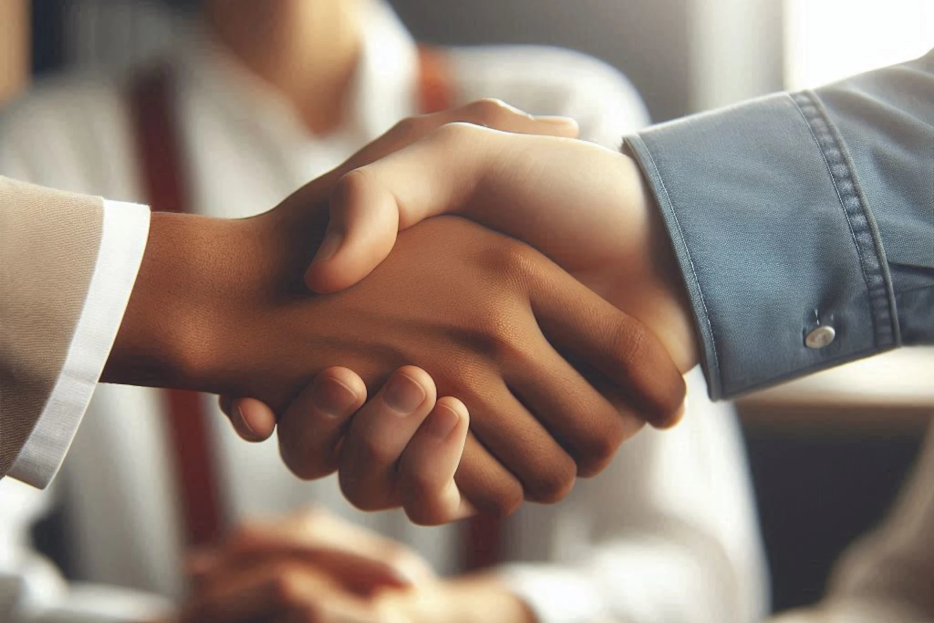 Aperto de mãos entre duas pessoas com diferentes tons de pele.
