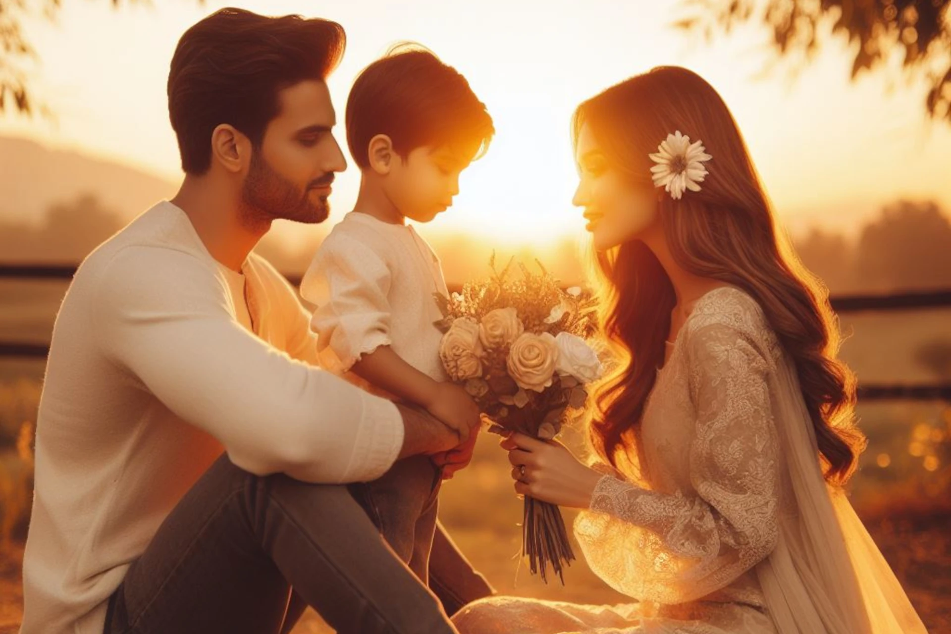 Família em momento terno, com criança entregando flores na luz dourada do pôr do sol.