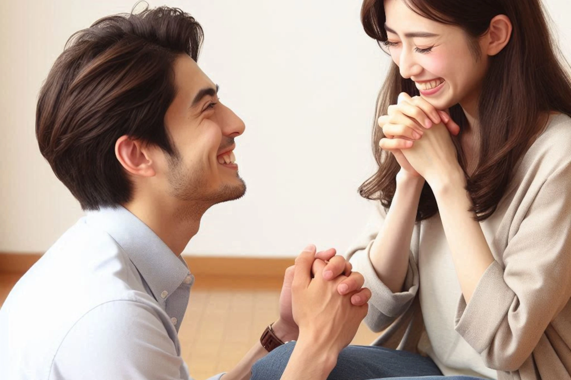 Casal feliz sorrindo, de mãos dadas, trocando olhares de pura alegria.