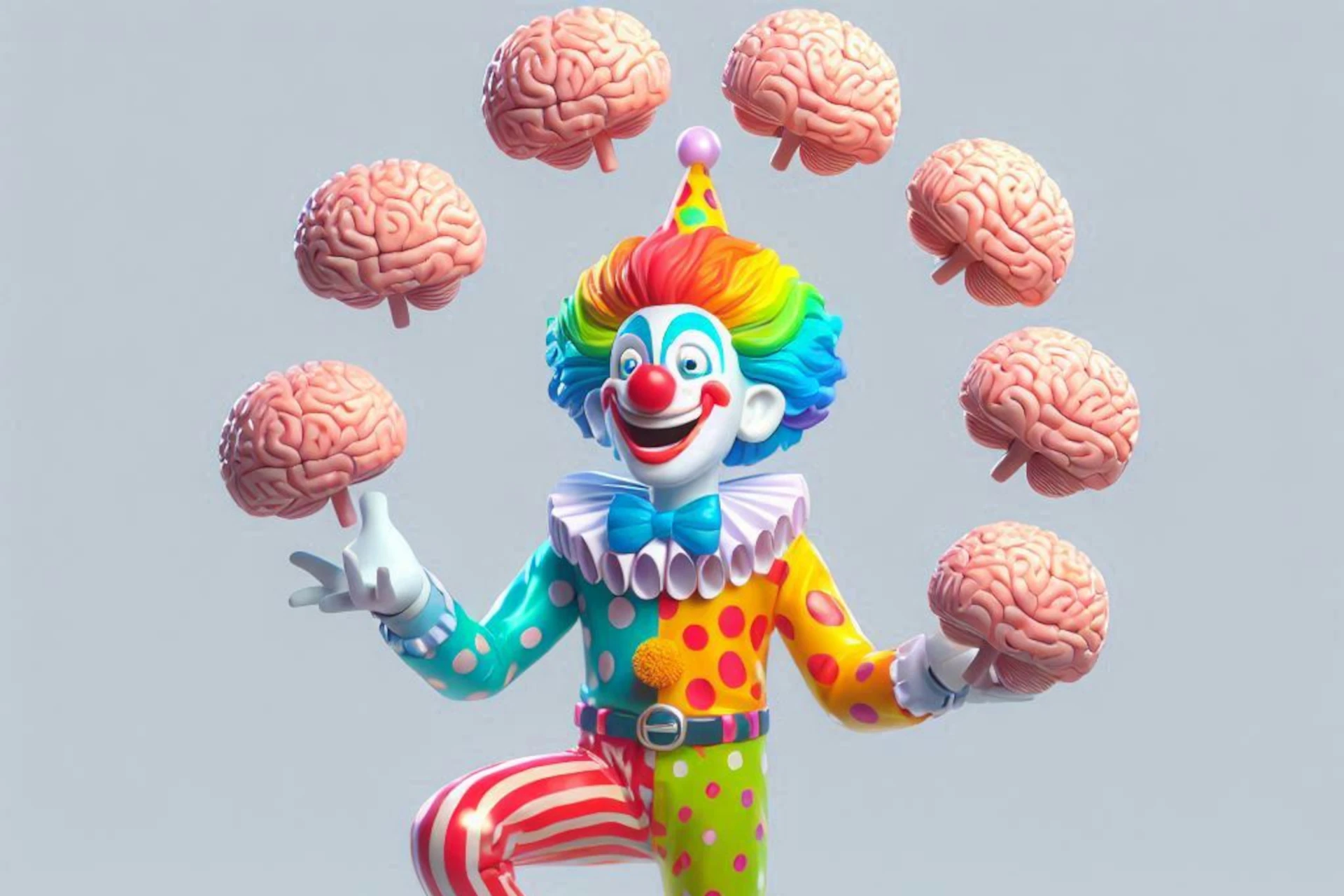 Palhaço colorido e sorridente fazendo malabarismo com vários cérebros rosados.