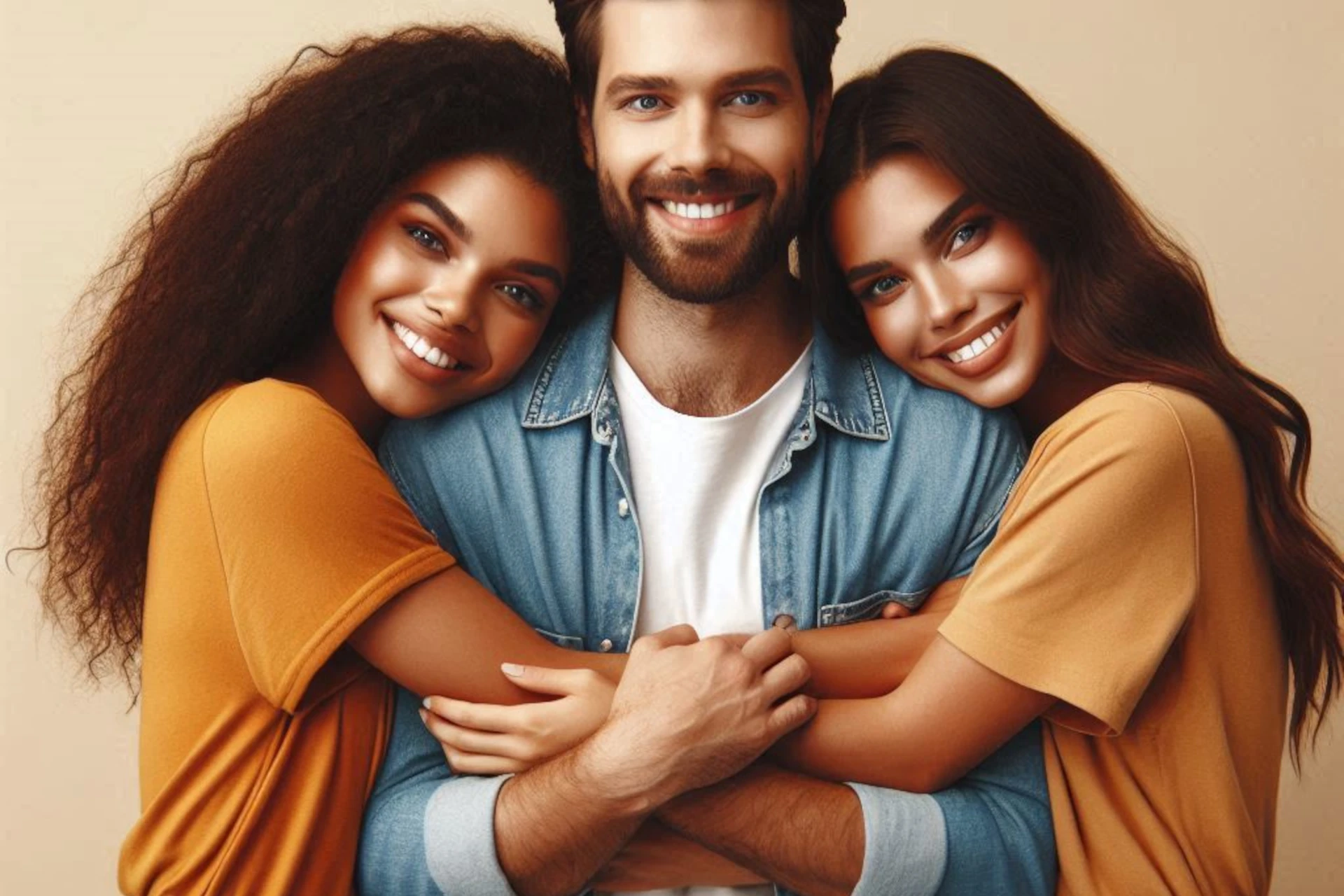 Um homem sorridente abraçado por duas mulheres igualmente felizes.