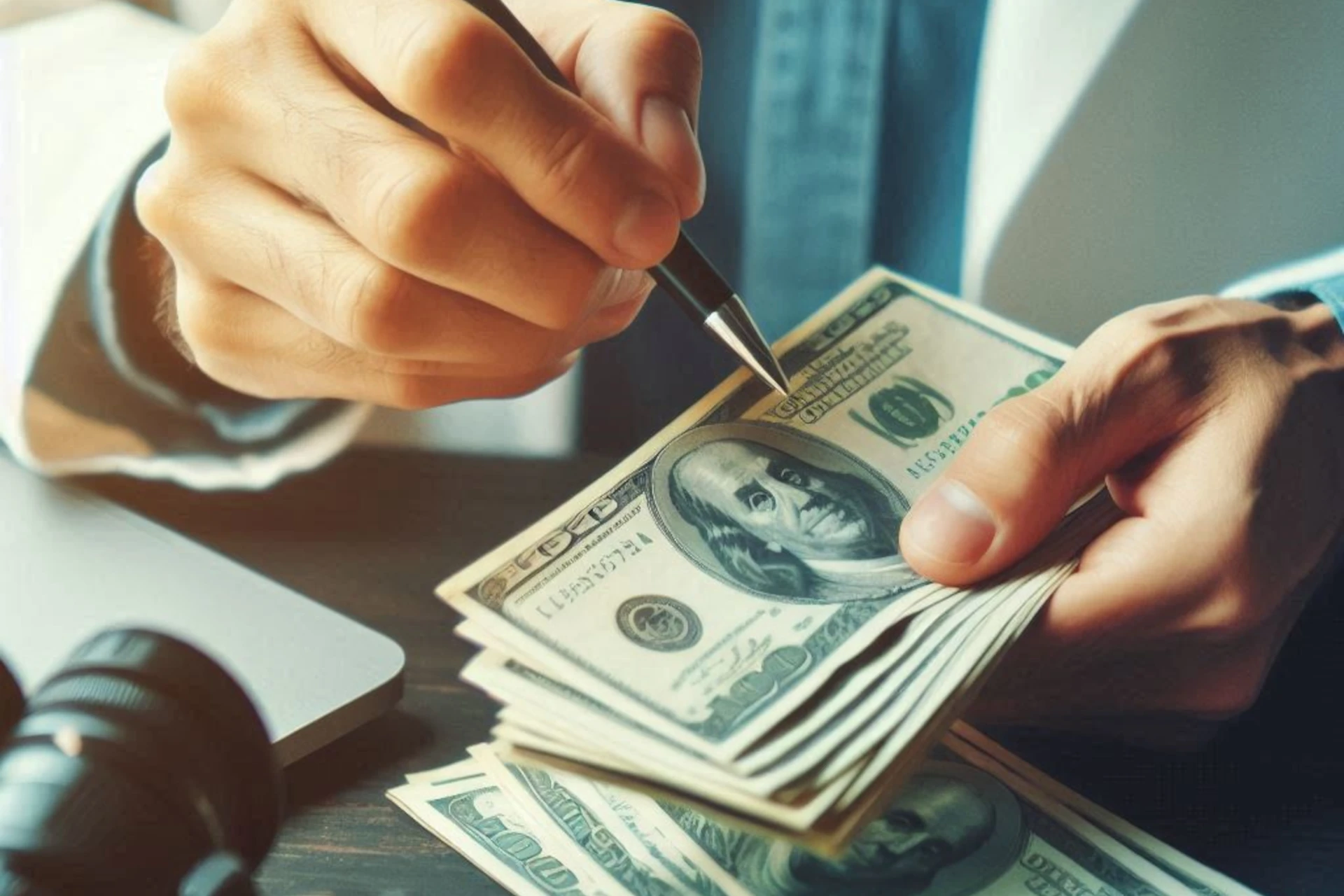 Mãos com caneta apontando para uma pilha de notas de cem dólares.