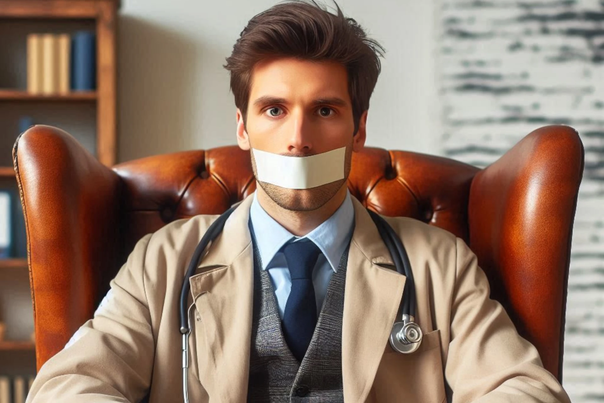 Médico de estetoscópio, com boca silenciada por fita adesiva, sentado em poltrona.