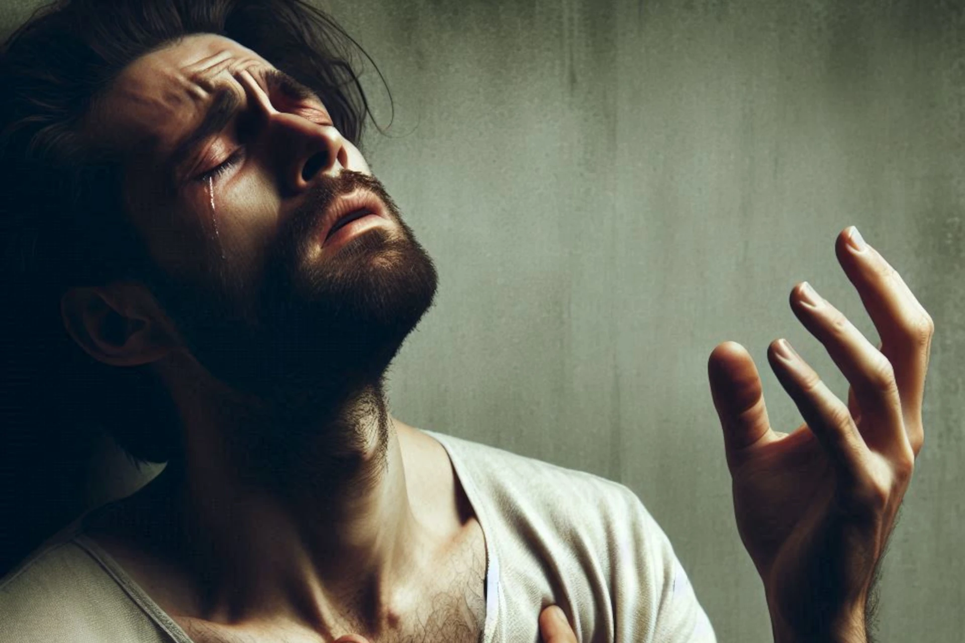 Homem barbudo chora com olhos fechados, mão em súplica contra parede texturizada.