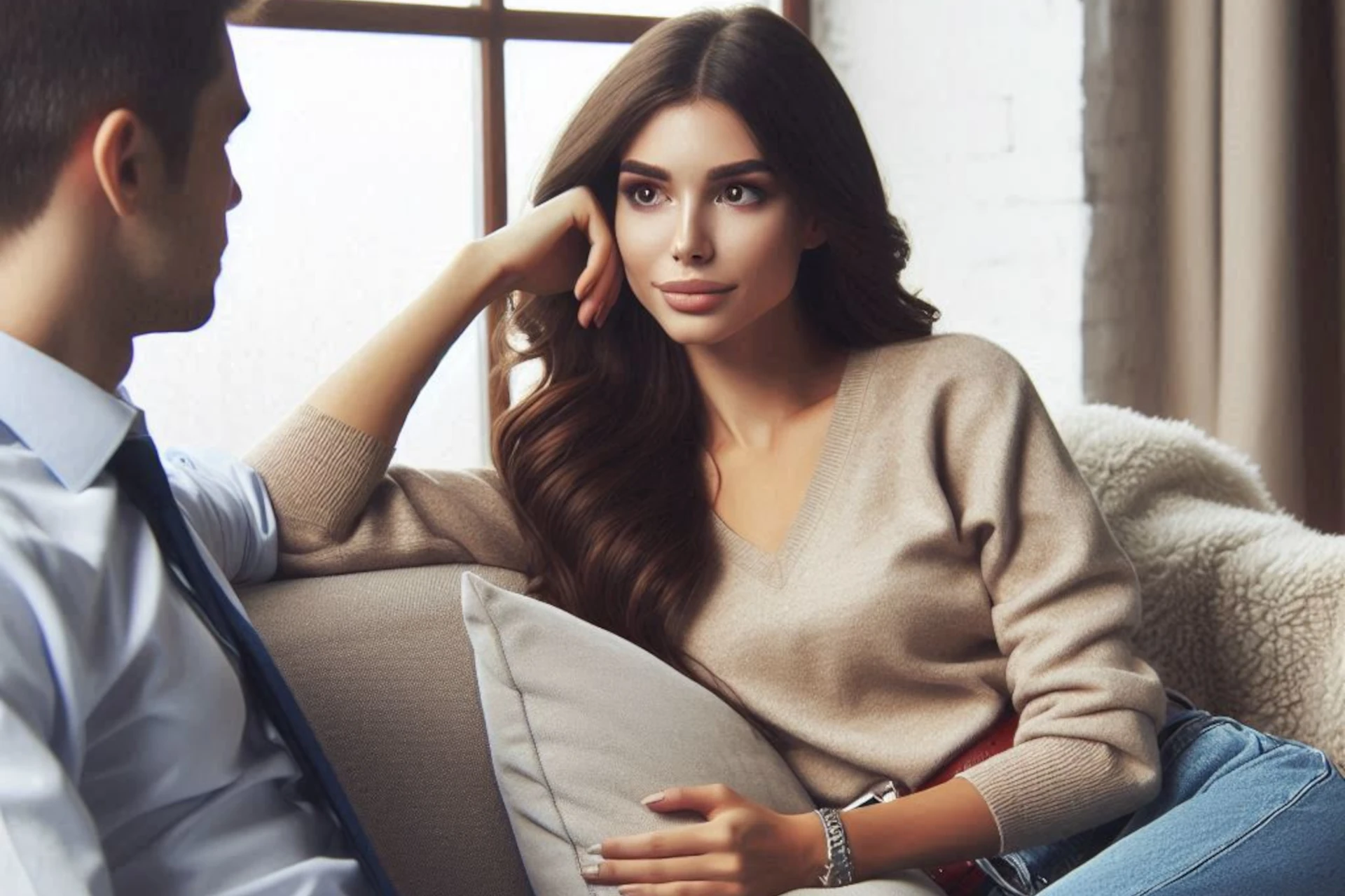 Homem e mulher sentados num sofá, olhando um para o outro enquanto conversam.