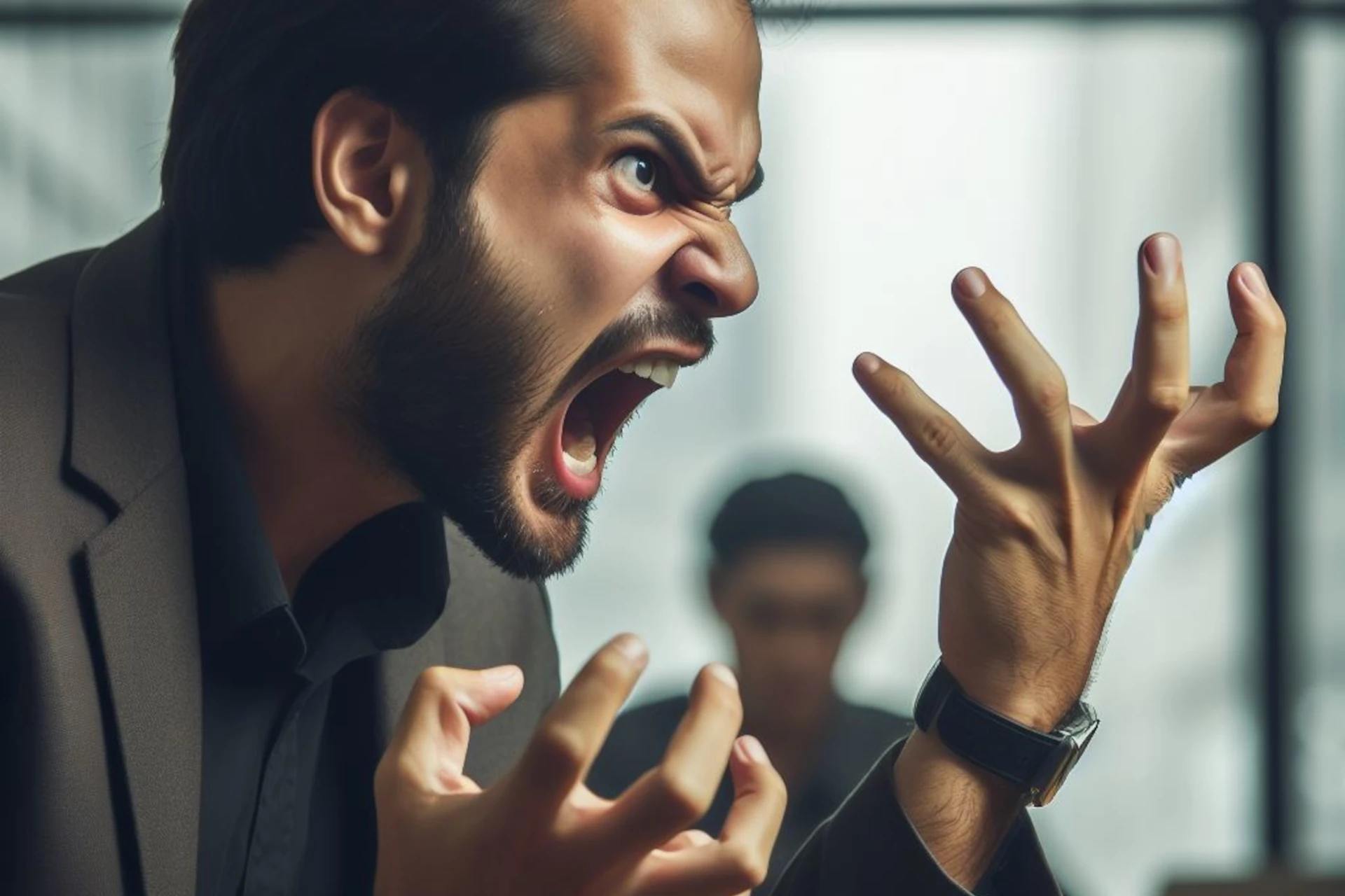 Um homem barbudo de terno grita com raiva, mãos em garras, outra pessoa no fundo.