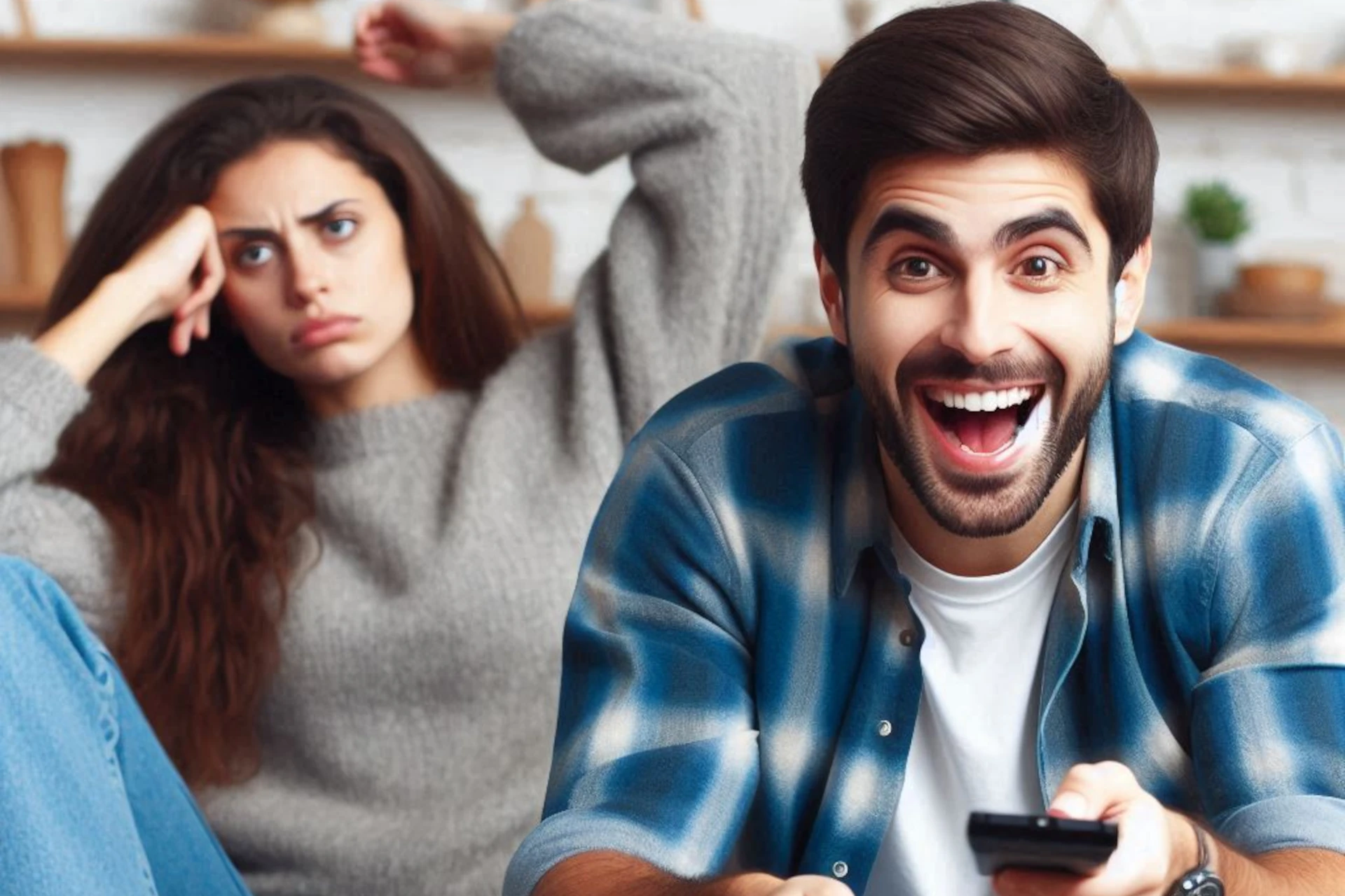 Homem feliz assistindo TV com controle, mulher entediada e irritada no fundo.