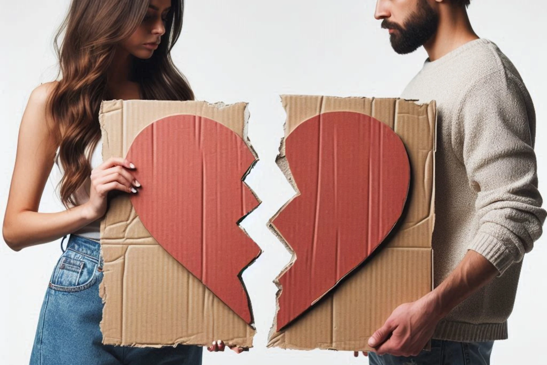 Casal segurando coração de papelão partido, simbolizando término de relacionamento.