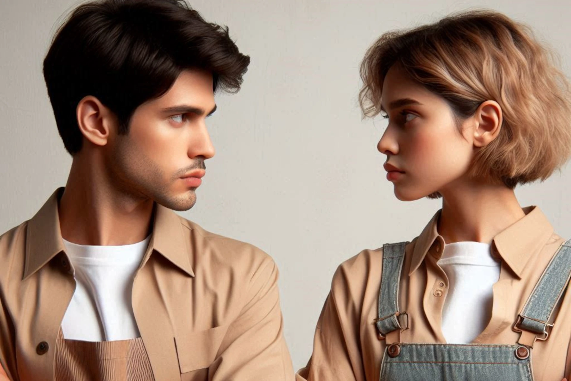 Homem e mulher de perfil se encaram, em camisas bege, contra fundo claro.