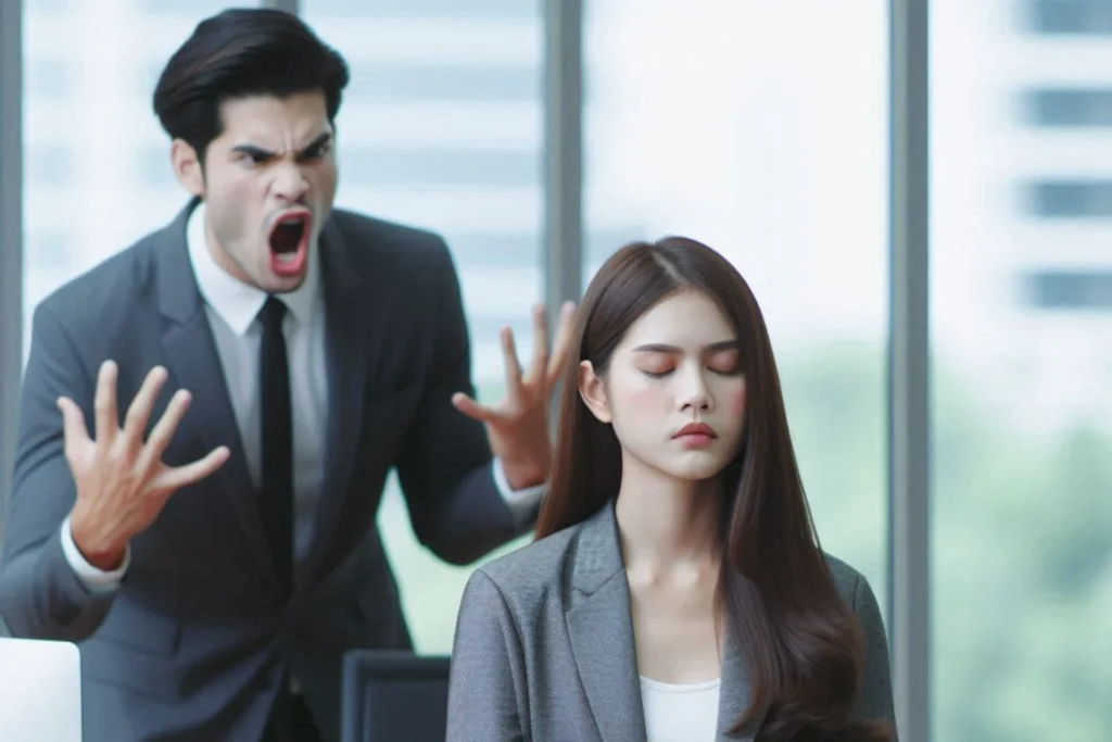 A imagem mostra duas pessoas em um ambiente profissional, possivelmente um escritório. A pessoa à esquerda está vestindo um terno escuro e gesticulando com as mãos, talvez no meio de uma conversa ou apresentação. A pessoa à direita está usando um blazer cinza sobre uma blusa branca. Ambos parecem estar envolvidos em uma discussão ou reunião.