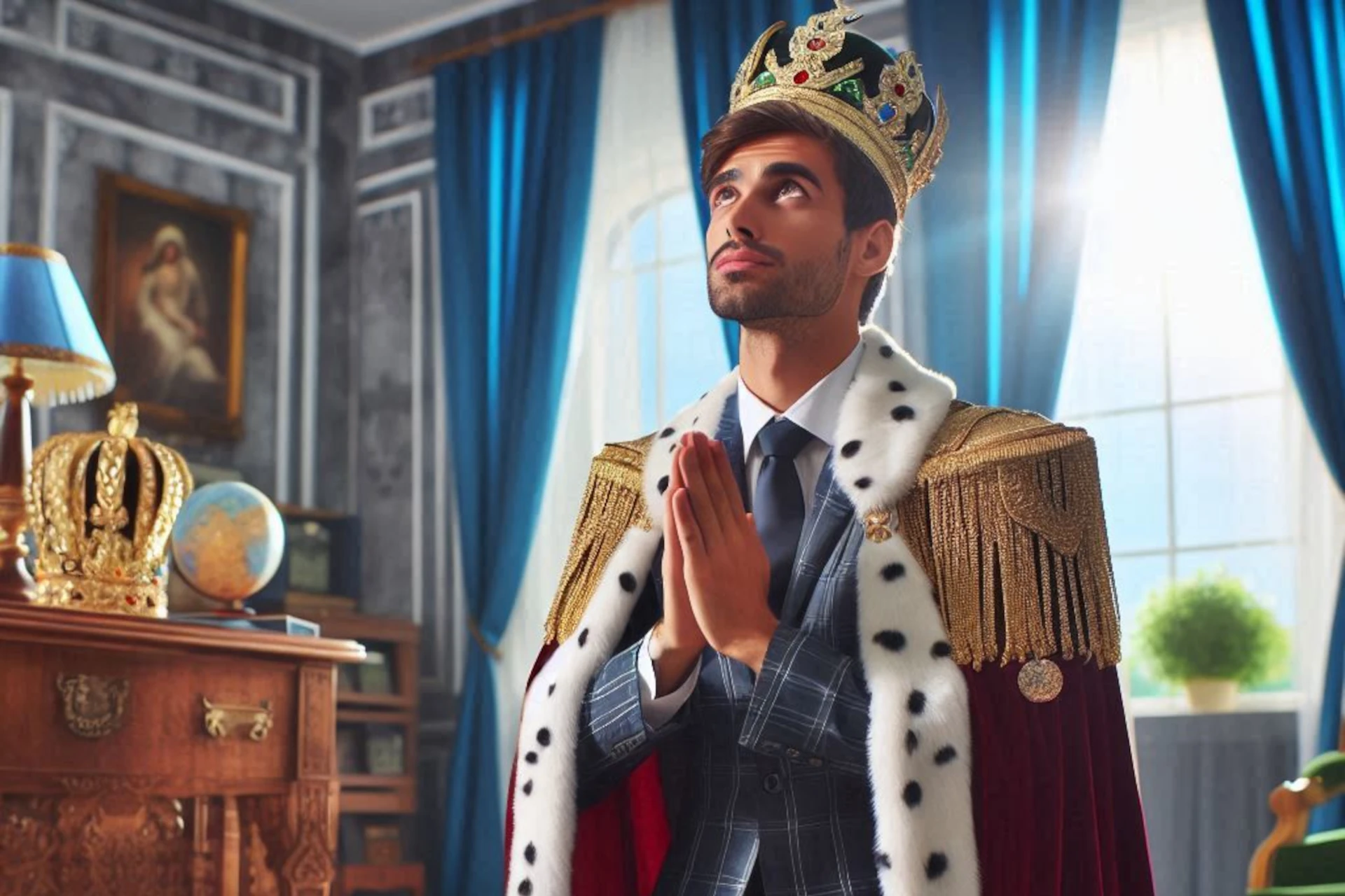 Rei jovem com coroa e manto real, mãos unidas em oração, olhando para cima.