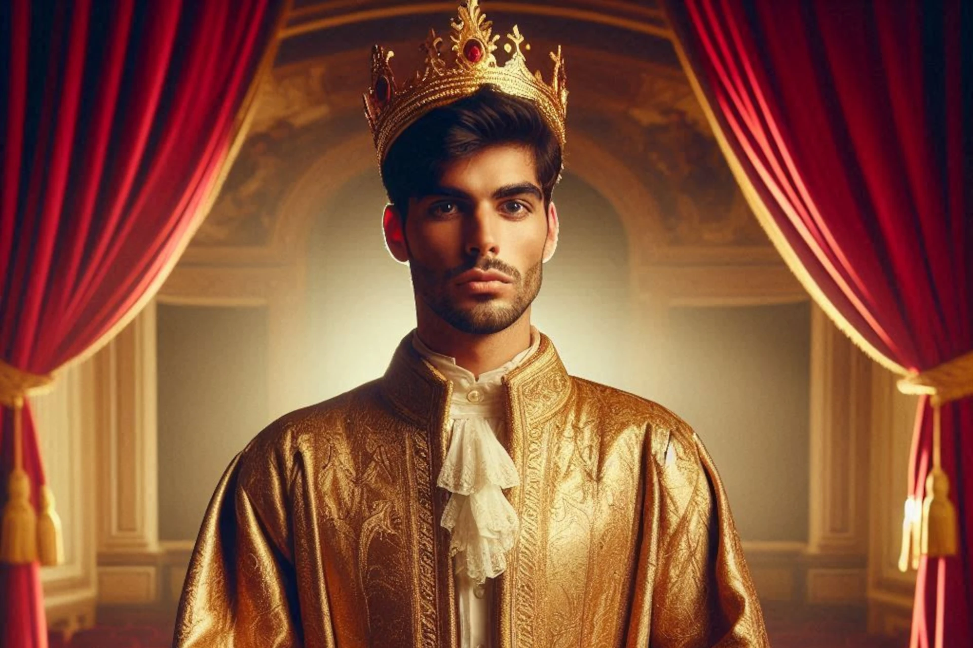 Um homem jovem com coroa dourada e veste real, em um cenário palaciano com cortinas vermelhas.