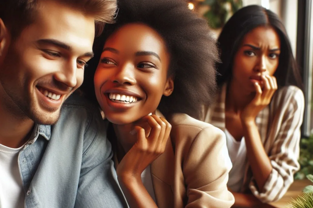 Homem e mulher sorriem, enquanto outra mulher os observa com inveja.