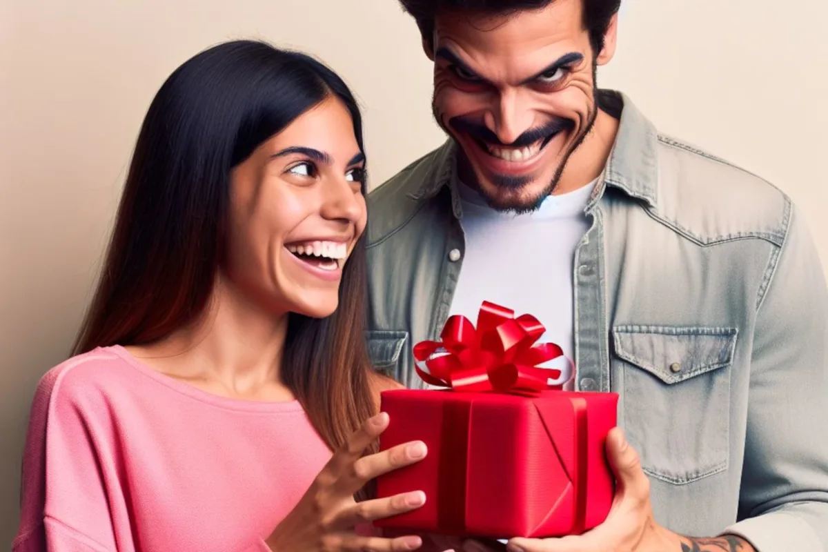 Mulher sorri ao receber presente de homem com sorriso malicioso e olhos arregalados.