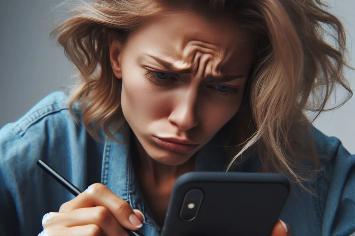 Mulher com testa franzida, focada no celular, segurando uma caneta.