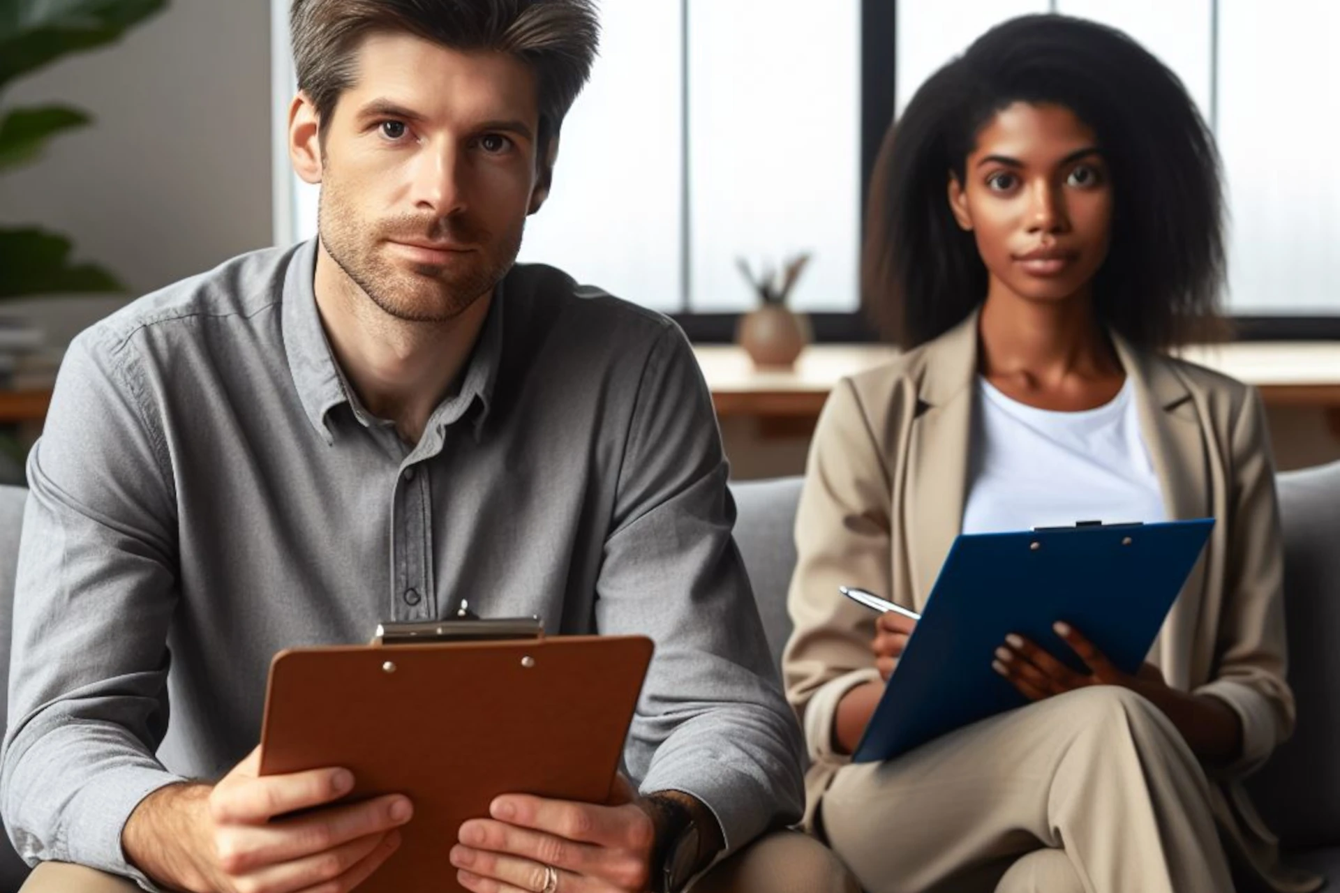 Dois profissionais sentados com pranchetas e canetas, olhando para o espectador.