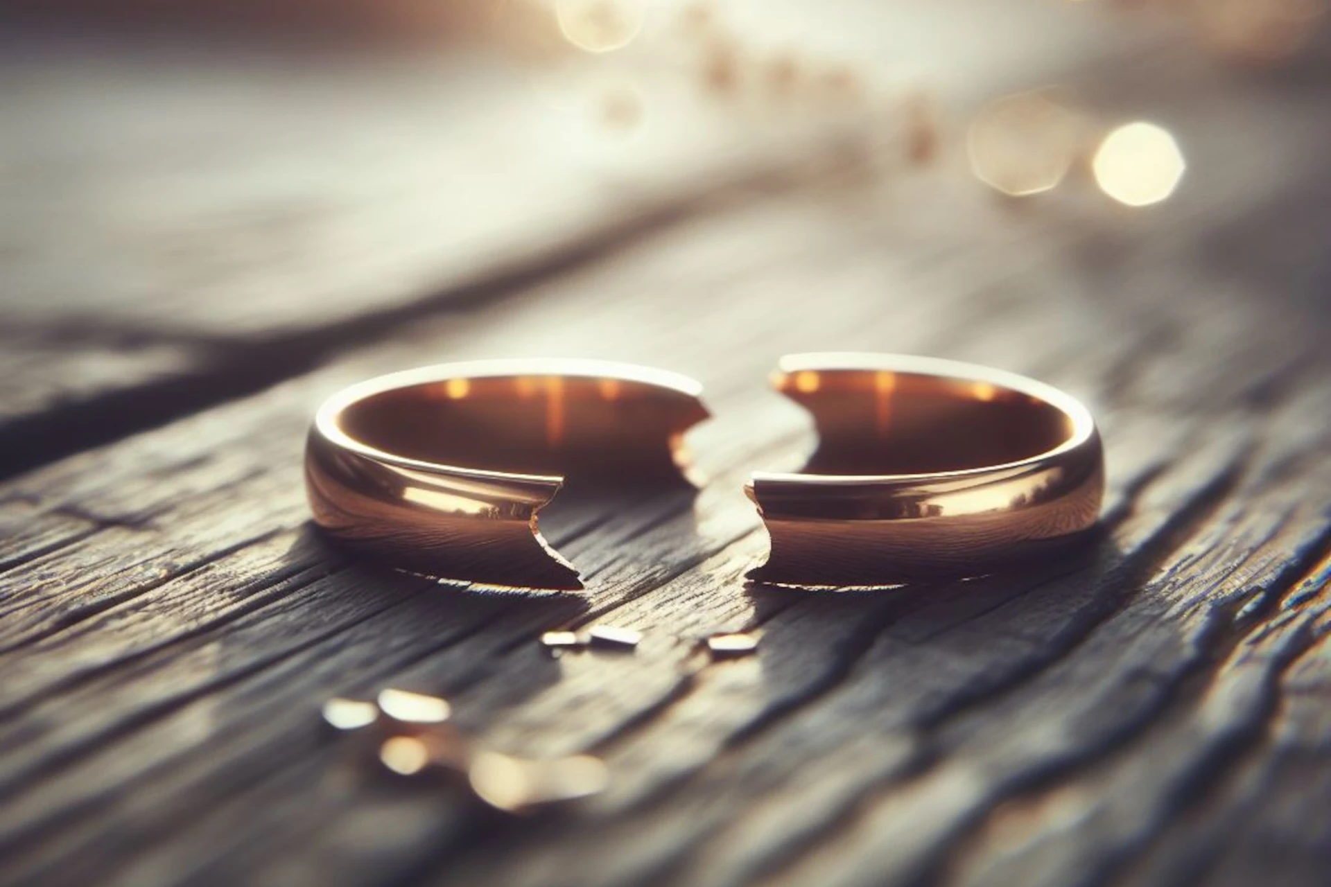 Anel de casamento dourado quebrado em madeira, simbolizando divórcio ou separação.