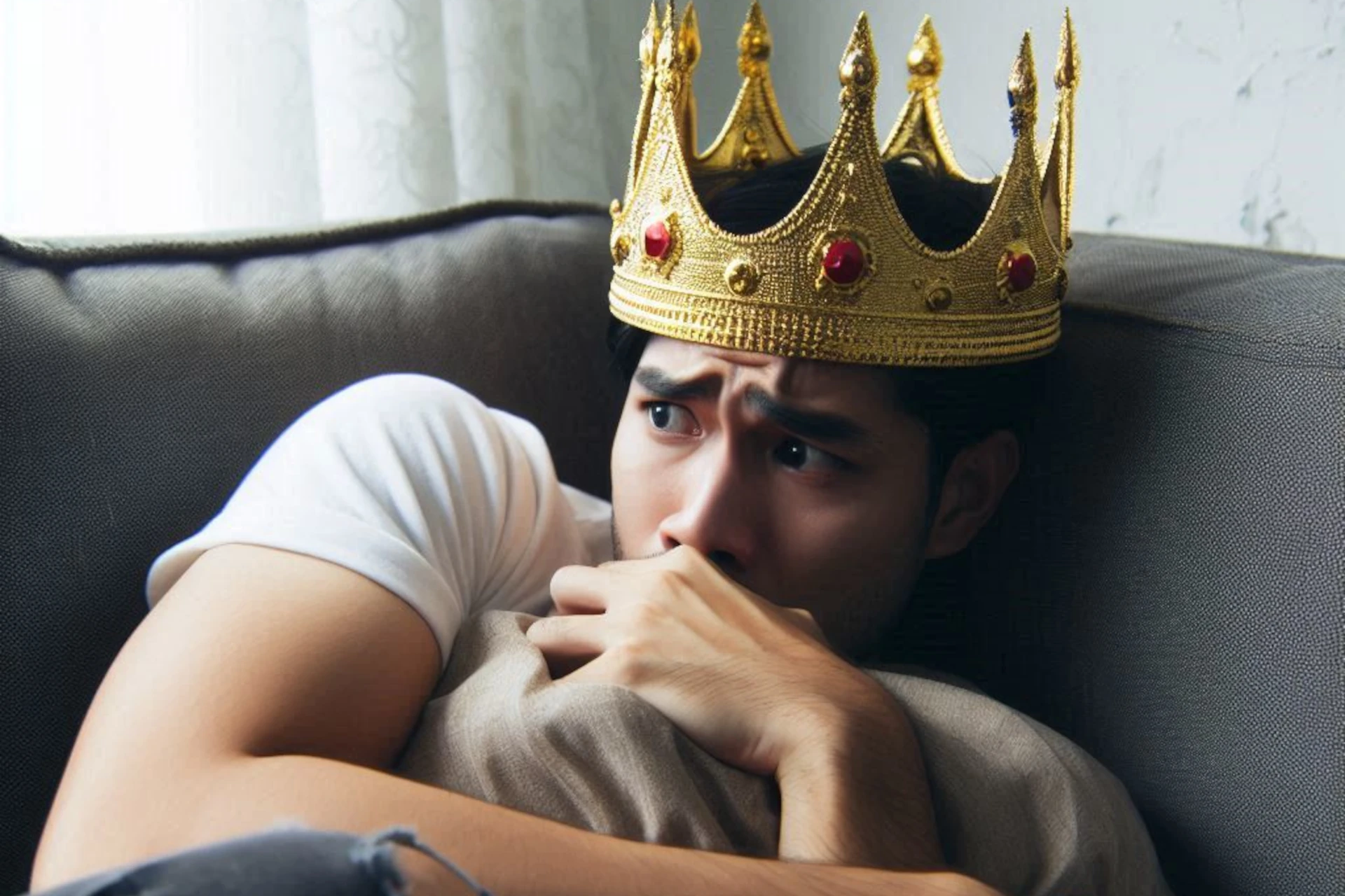 Homem de coroa dourada com expressão preocupada, deitado no sofá, mão na boca.