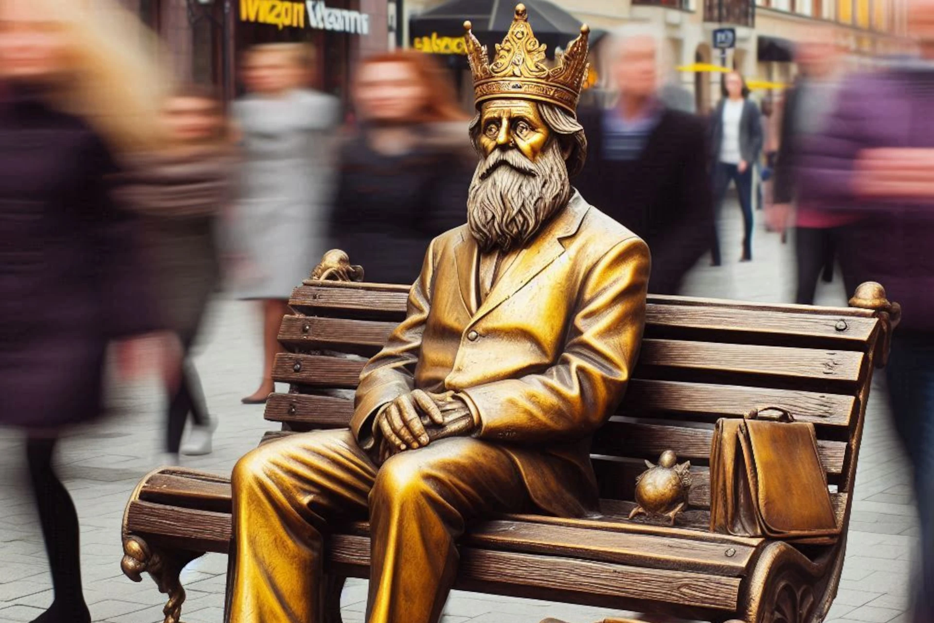 Estátua dourada de homem coroado e barbudo sentado em banco de rua movimentada.
