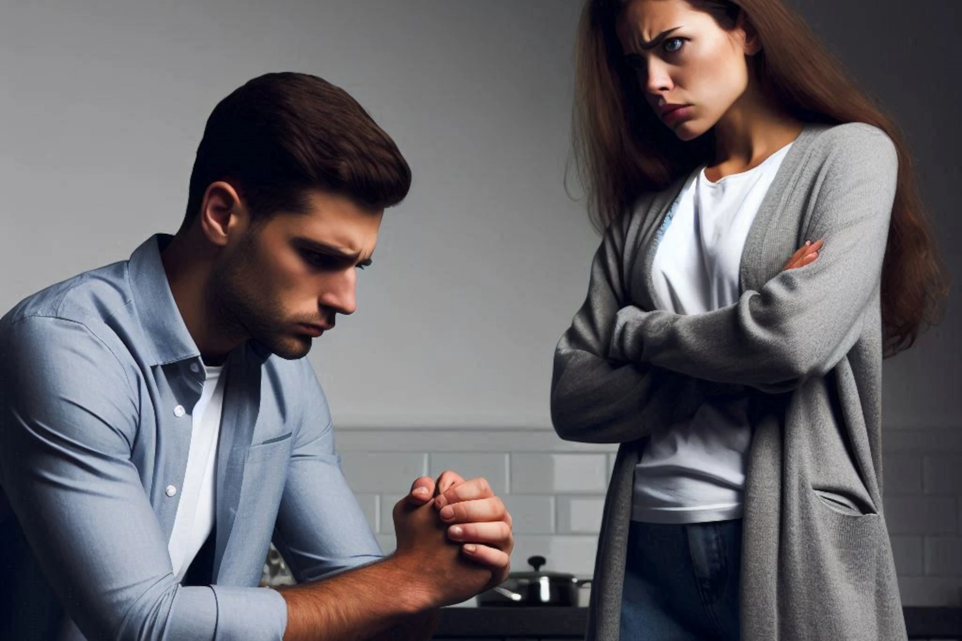 Homem cabisbaixo e mulher irritada de braços cruzados em conflito.