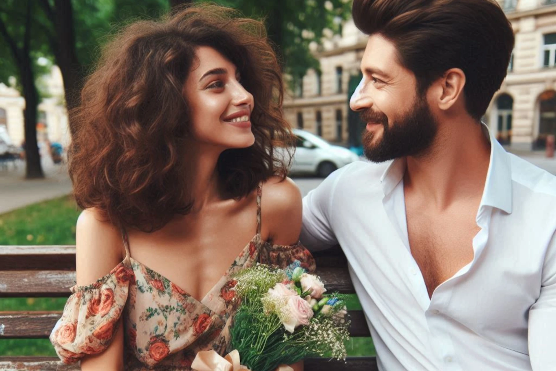 Casal feliz sorrindo, sentado em um banco, se olha com afeto. Ela segura flores.