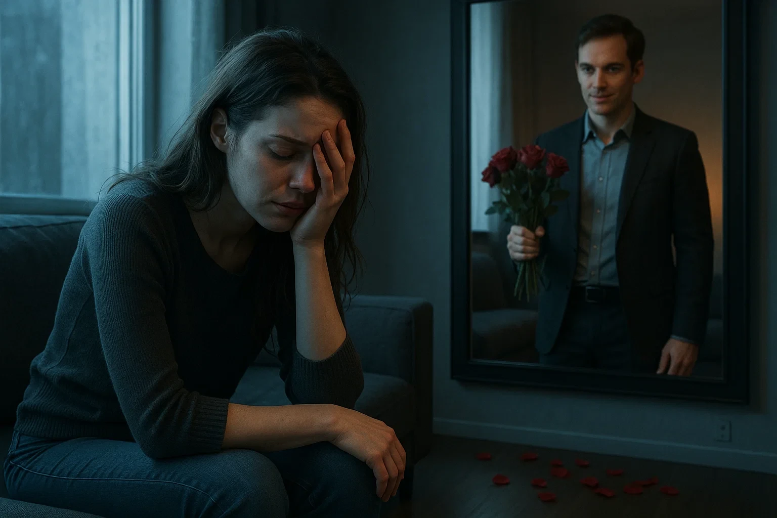 Mulher triste sentada no sofá, enquanto homem com flores aparece refletido no espelho.