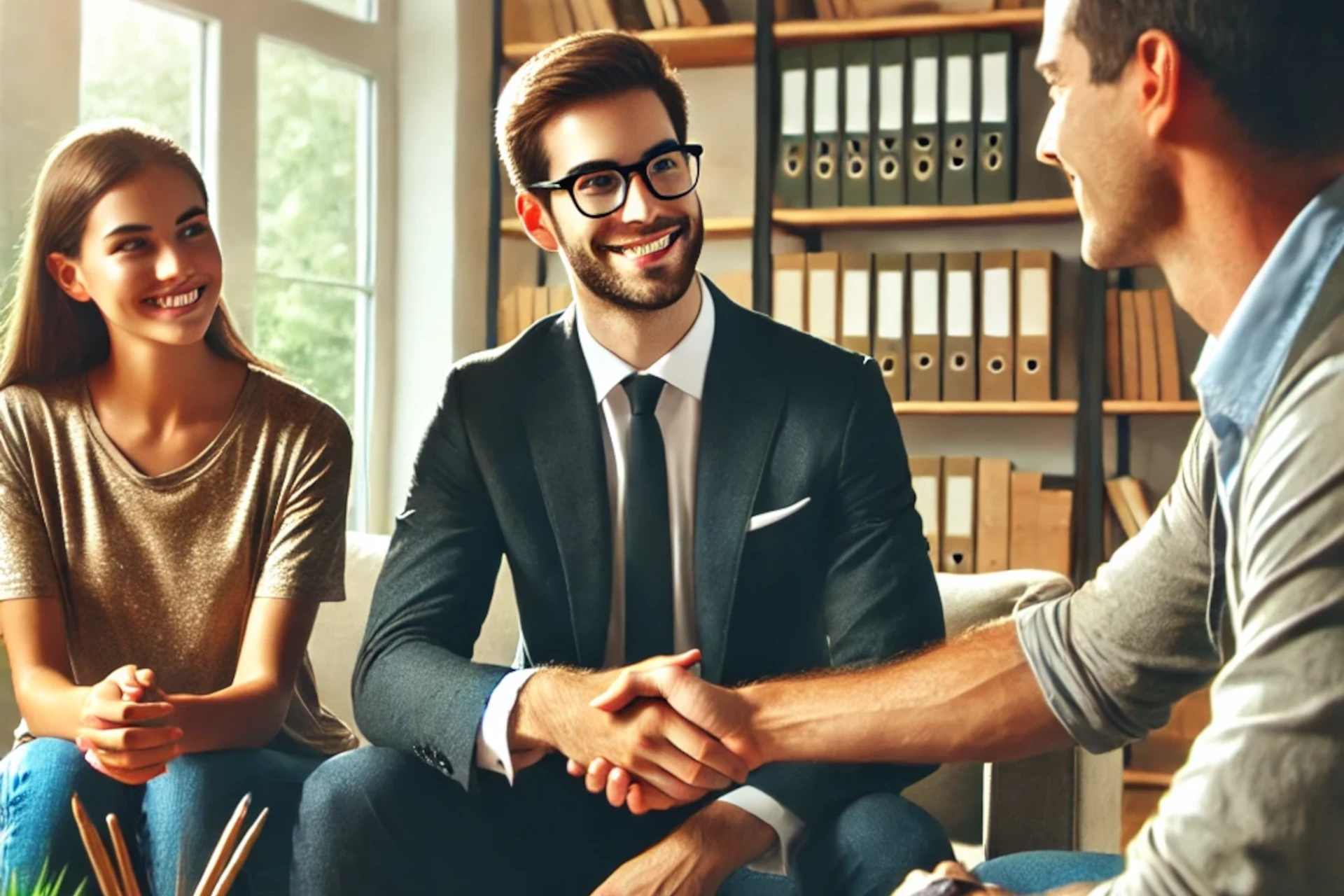 Dois homens se cumprimentam com aperto de mão, uma mulher sorridente observa em escritório.