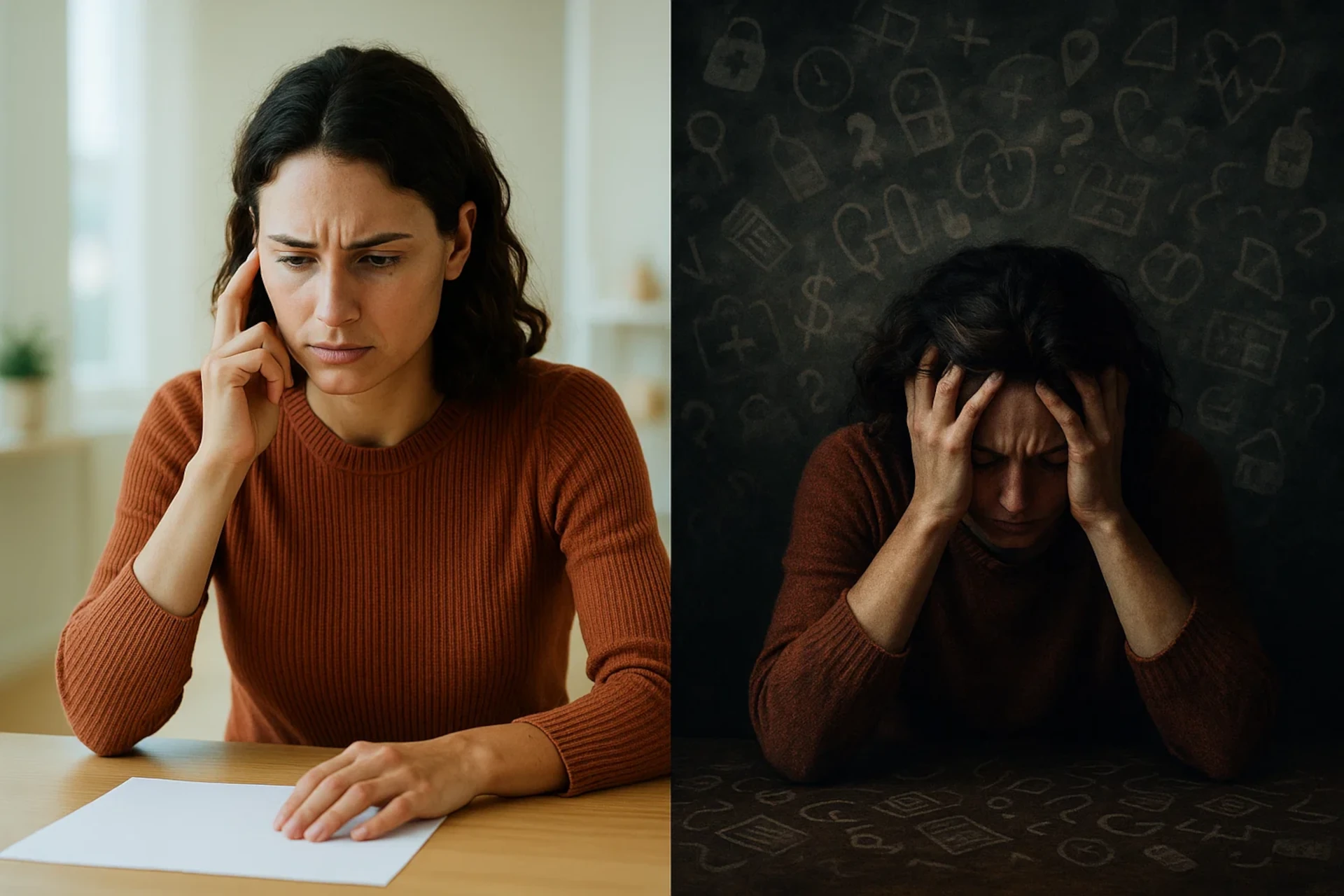 Mulher: da reflexão à sobrecarga mental, cercada por símbolos de problemas.