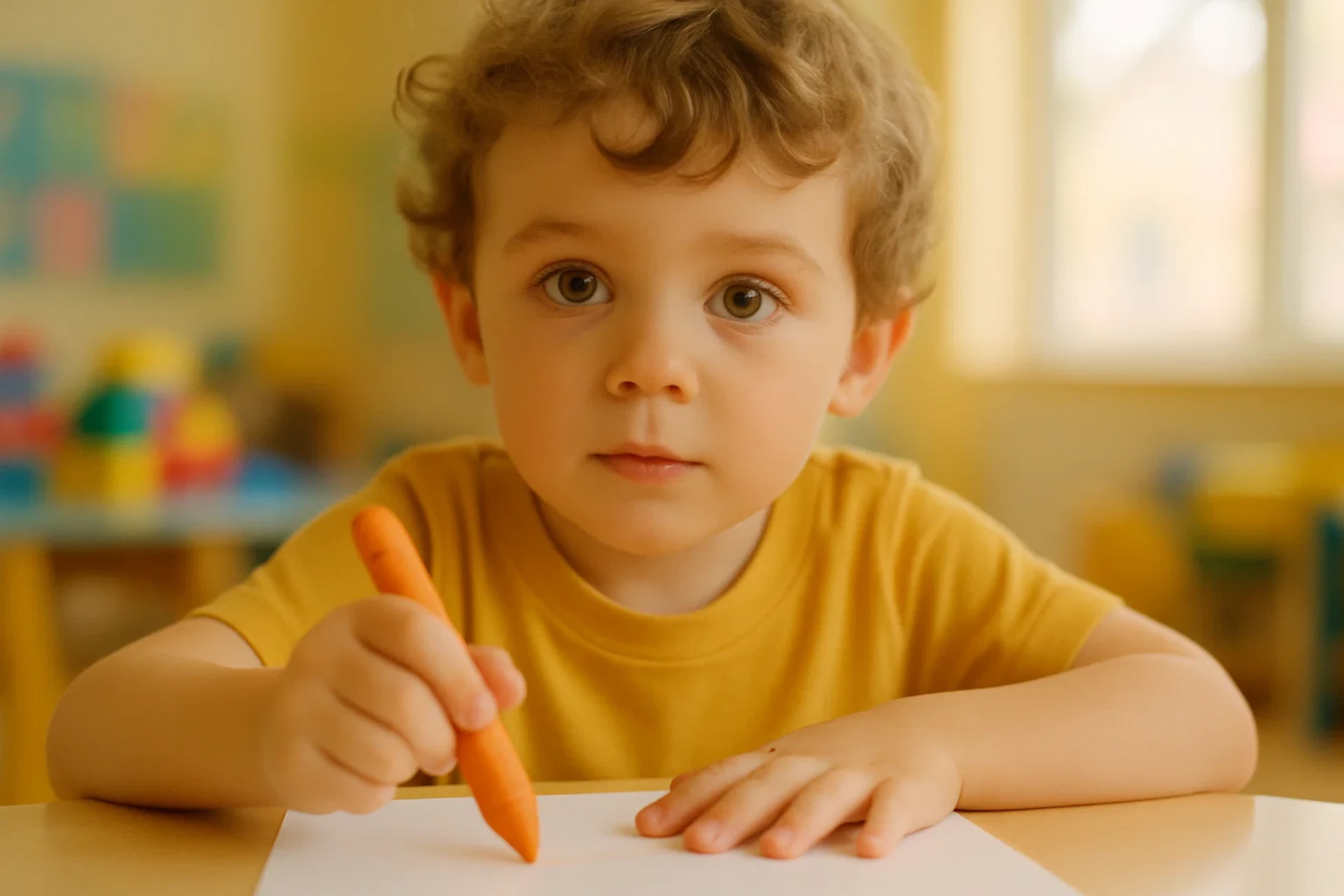 Criança com cabelo cacheado desenha com giz laranja em papel, olhando para a câmera.