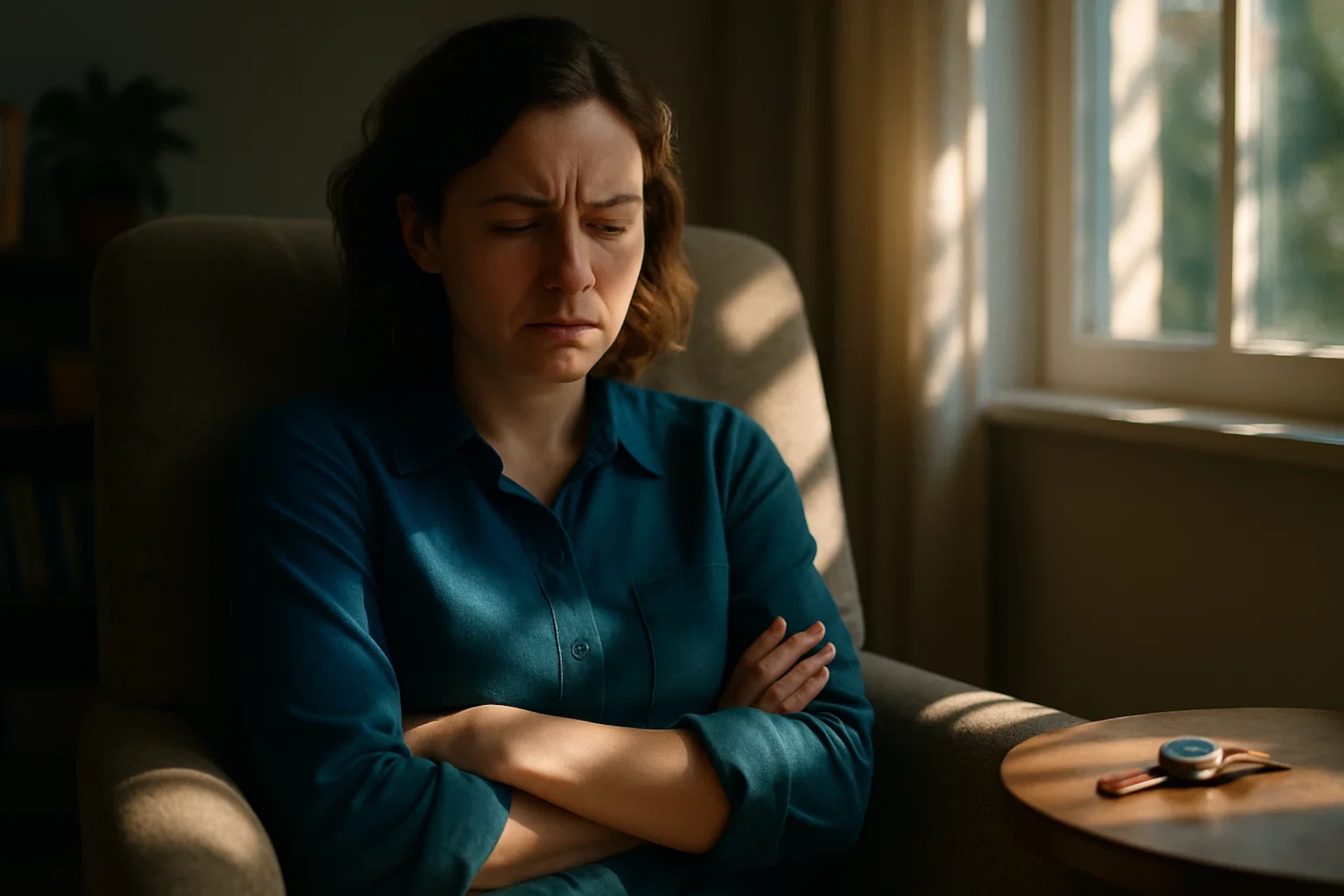 Mulher sentada em poltrona, braços cruzados, com expressão aflita, em sala ensolarada.