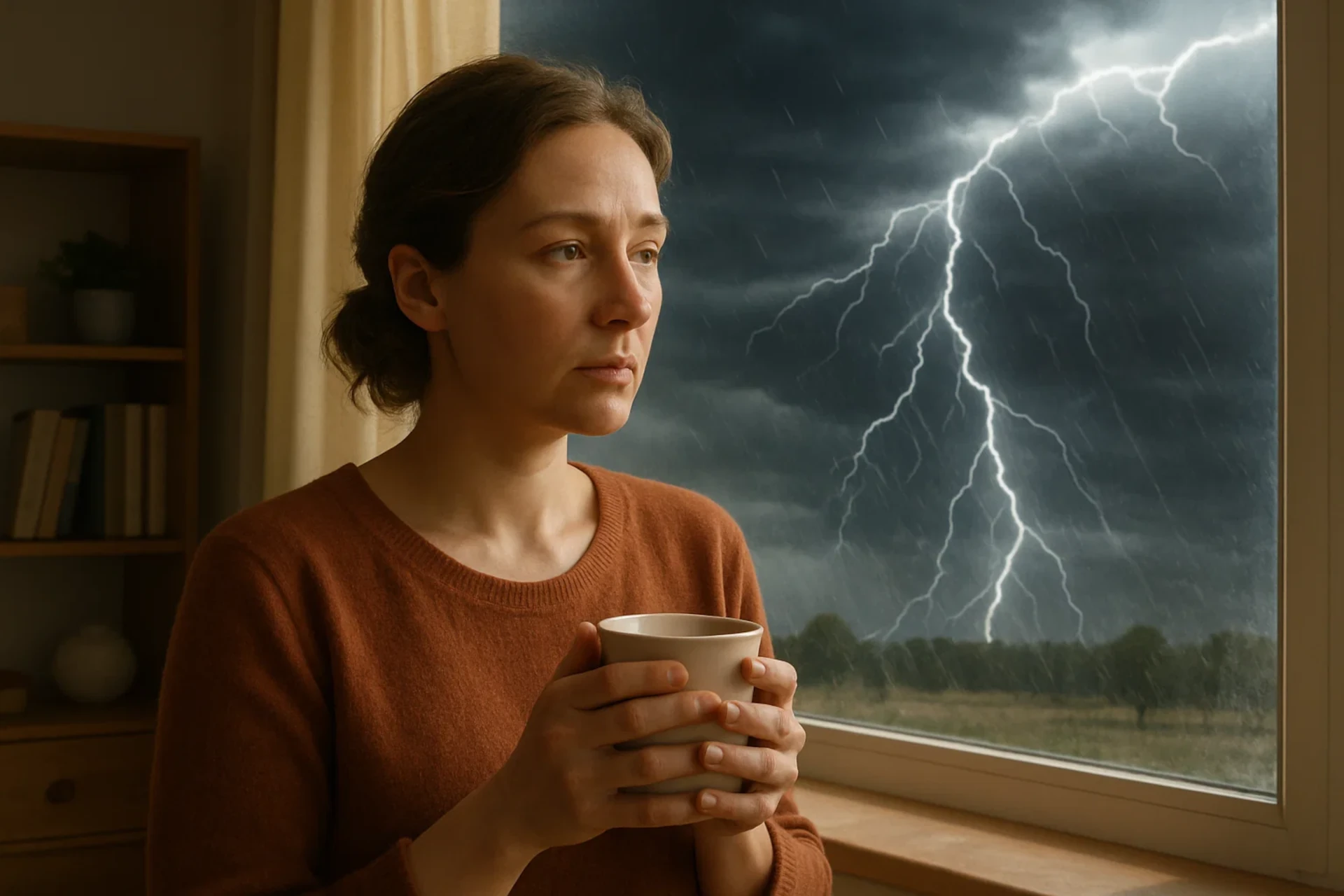 Mulher pensativa segura uma caneca, olhando pela janela durante uma tempestade com relâmpagos.