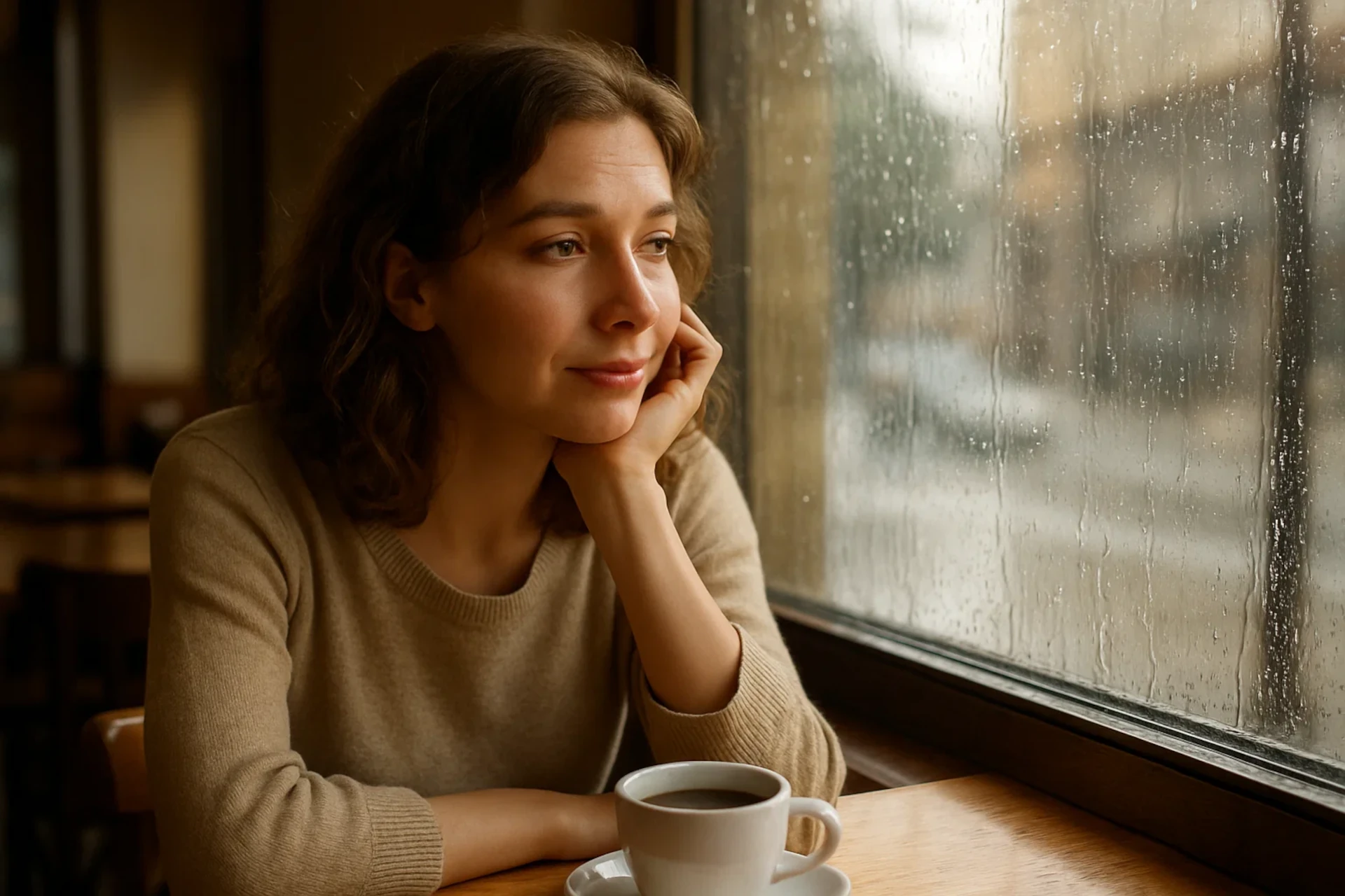 Mulher pensativa olhando pela janela chuvosa, com uma xícara de café.
