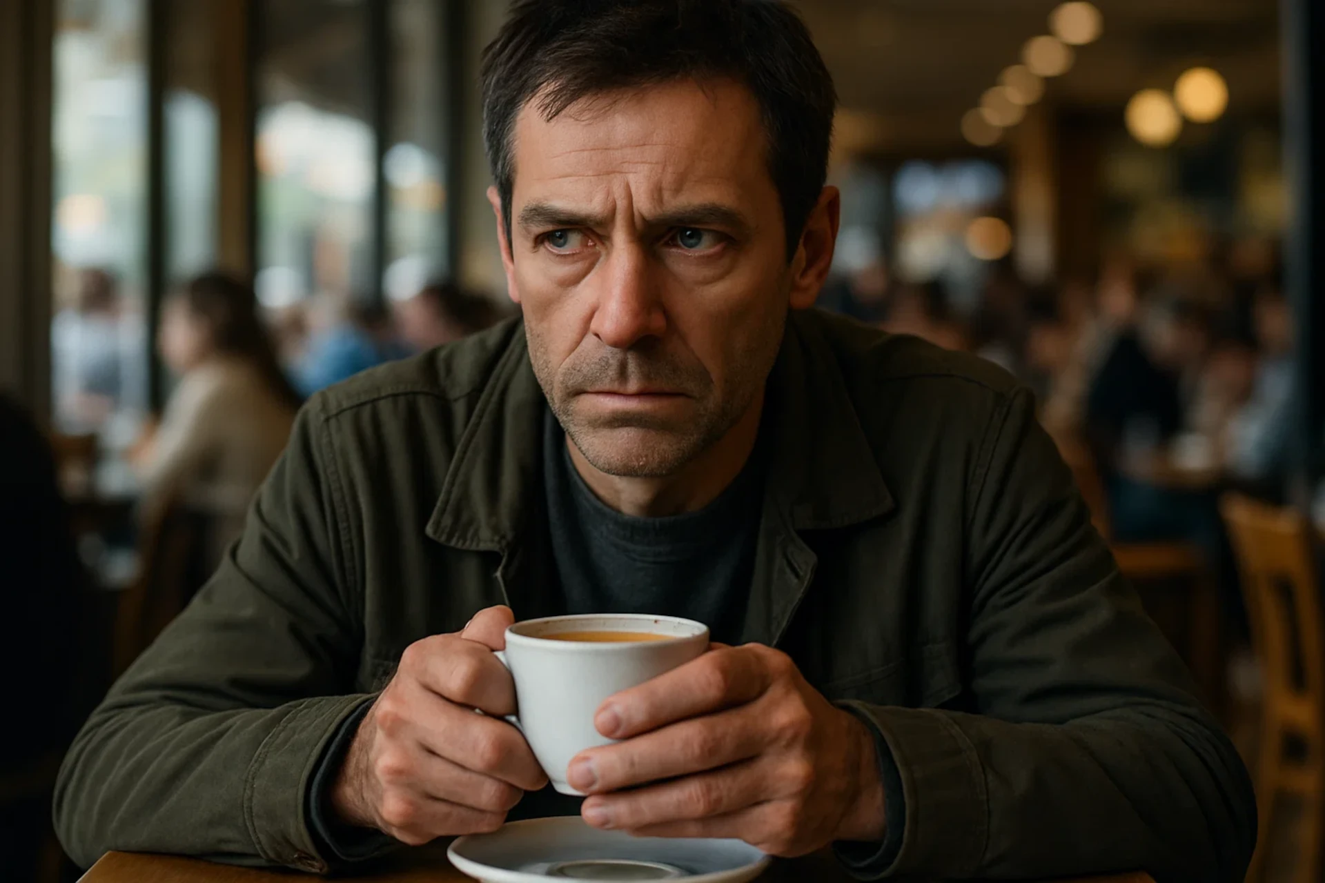Homem pensativo segura uma xícara de café em um café movimentado e iluminado.