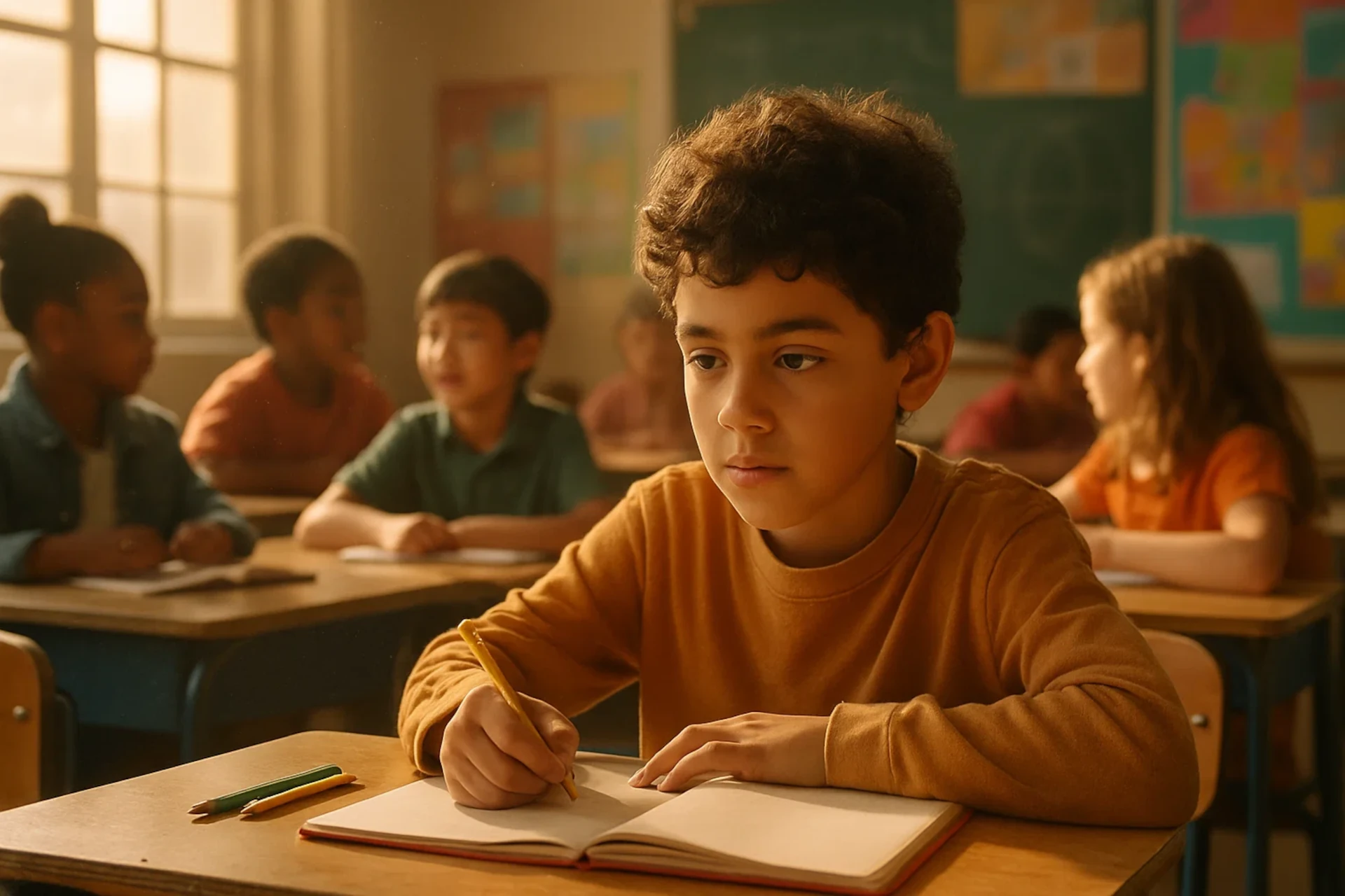 Menino na sala de aula escrevendo em um caderno com lápis amarelo, colegas ao fundo.