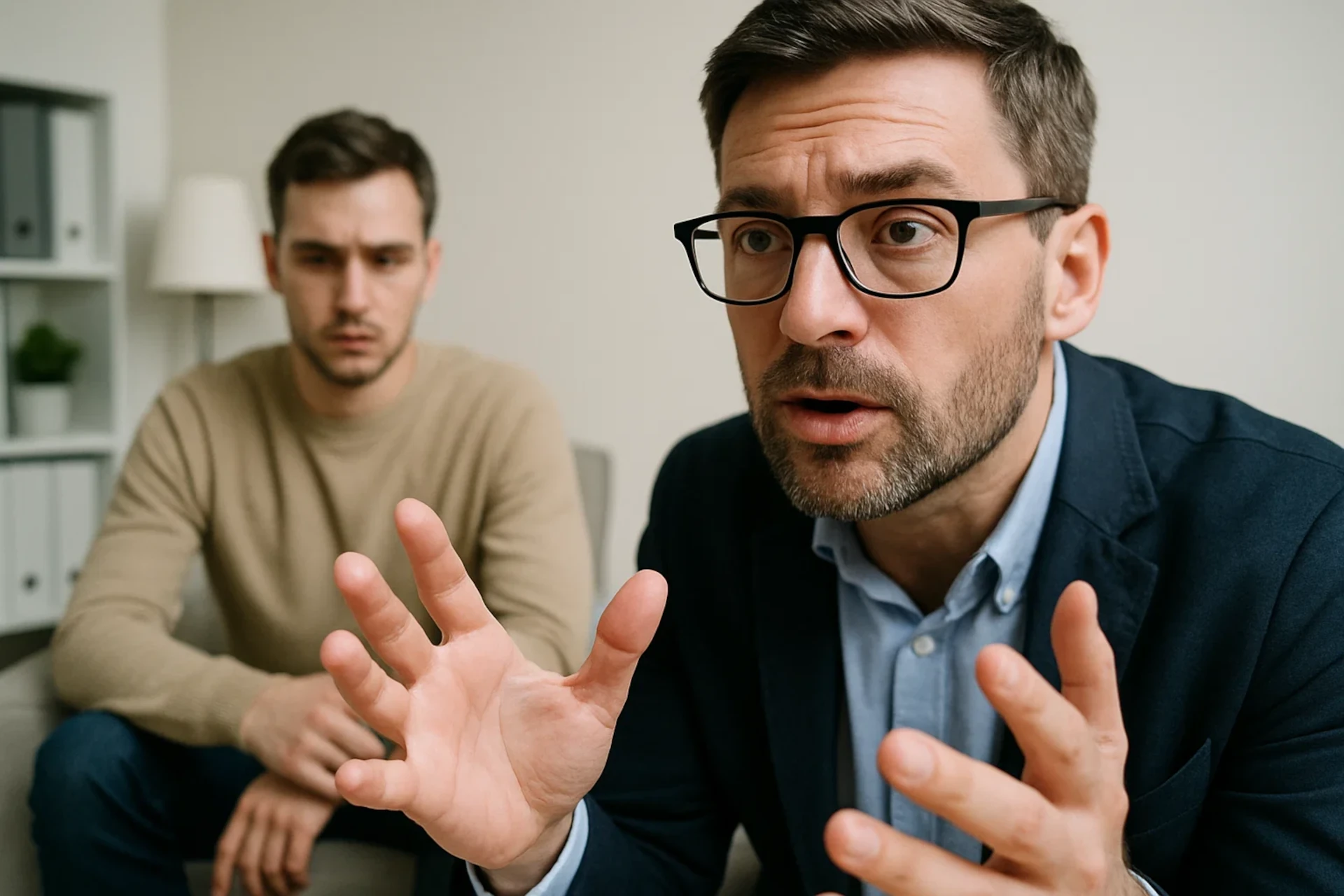 Homem de óculos gesticula enquanto fala, outro homem escuta sério.