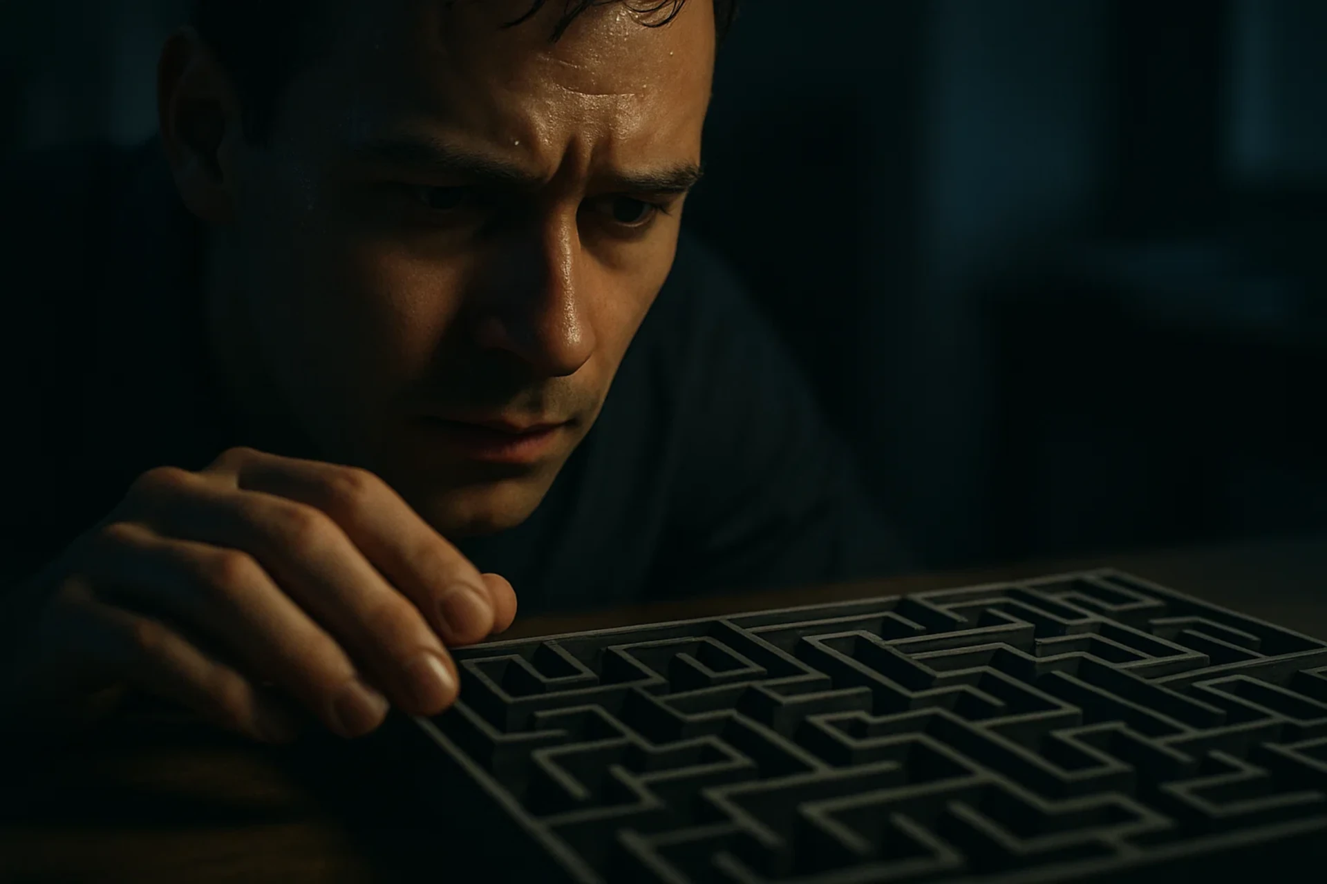 Homem suado e concentrado olha um labirinto escuro, com a mão próxima.