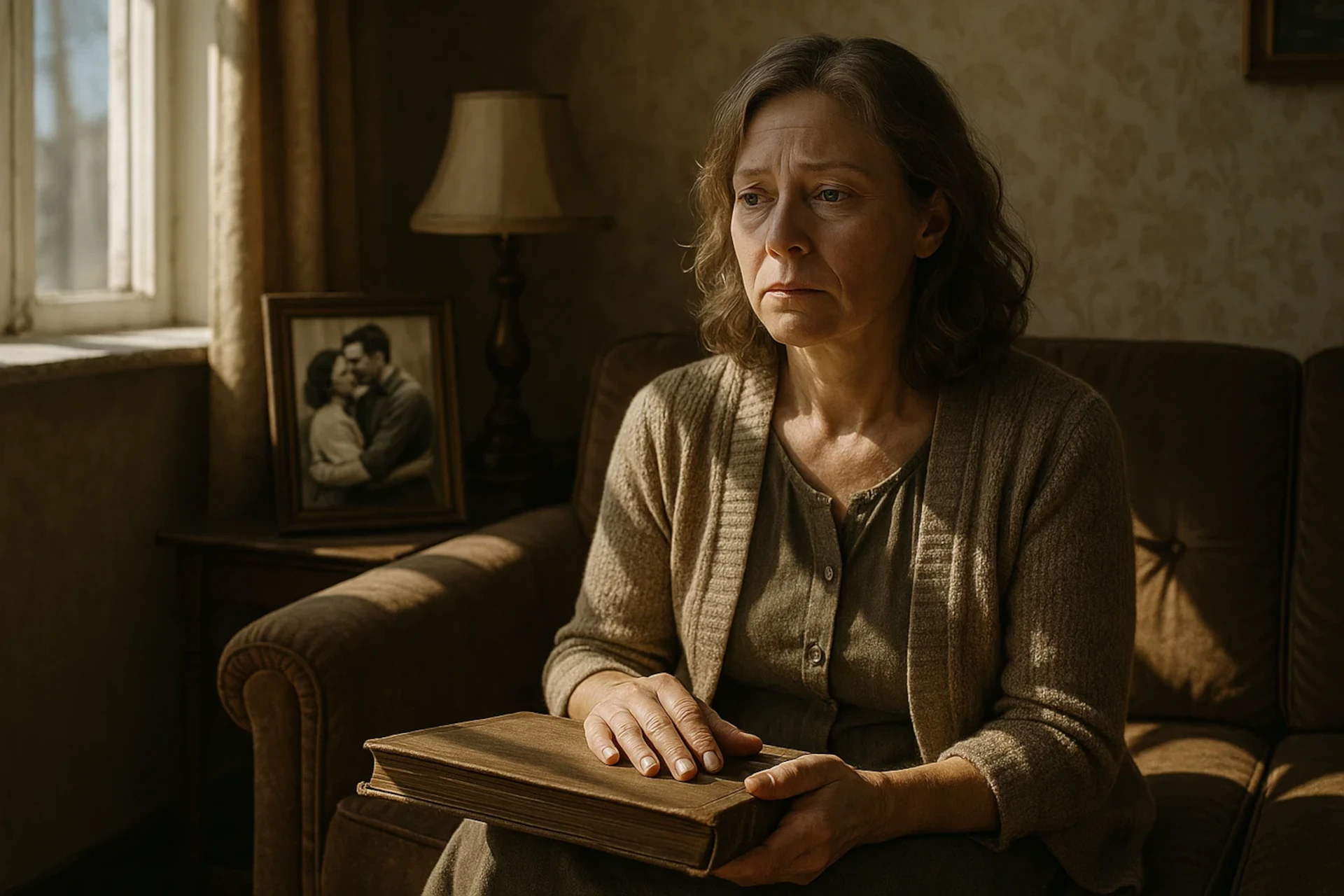 Mulher triste segura livro. Na mesa, foto antiga de casal abraçado. Luz solar entra.