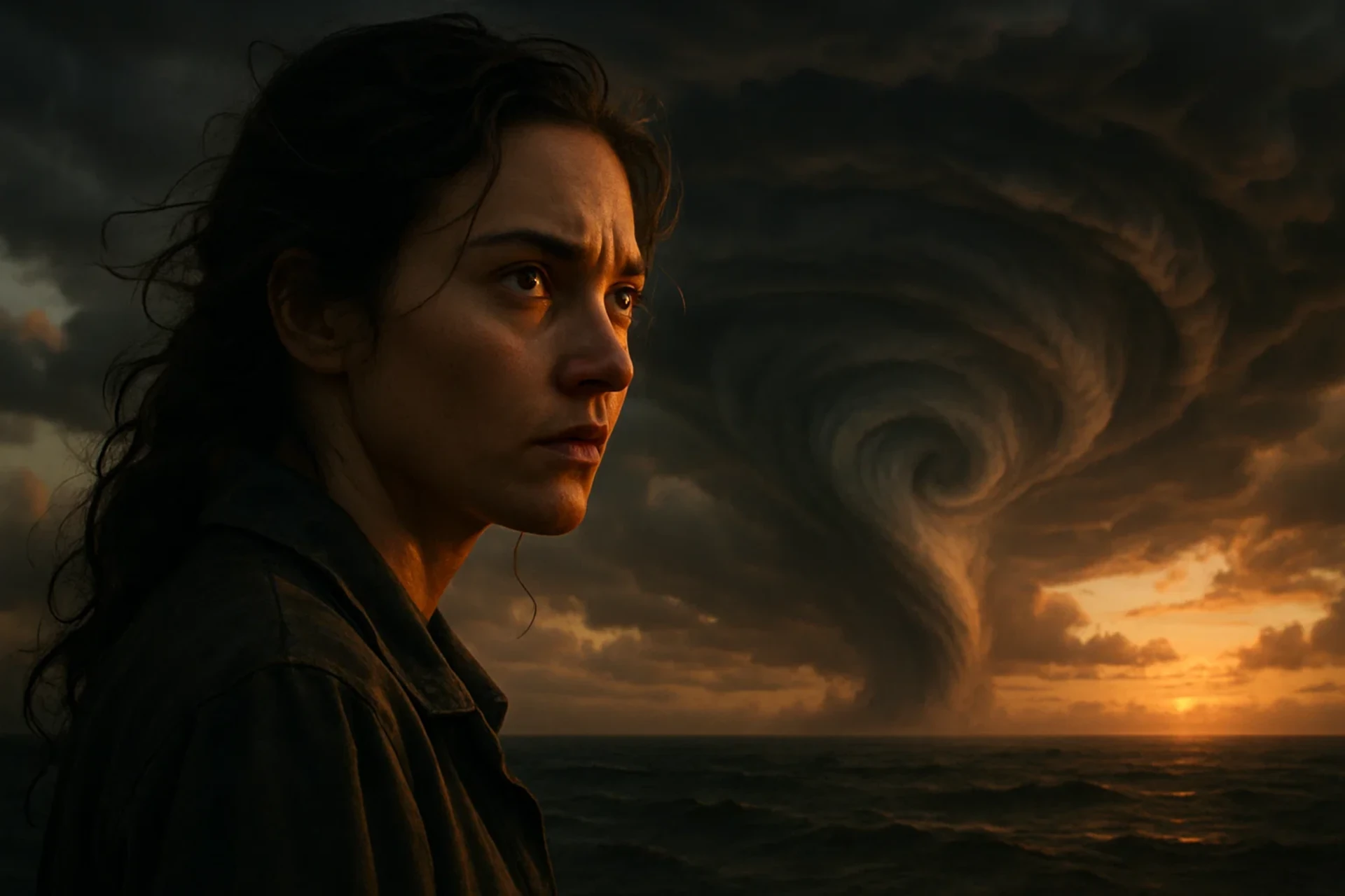 Mulher com expressão séria observa um gigantesco tornado no mar ao pôr do sol.