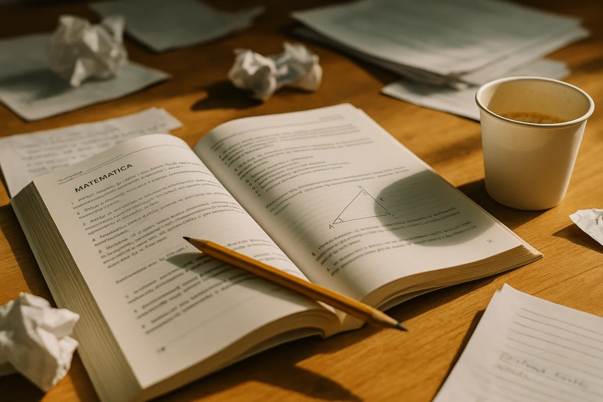 Livro de matemática aberto, lápis, copo de café e papéis amassados sobre mesa de madeira.