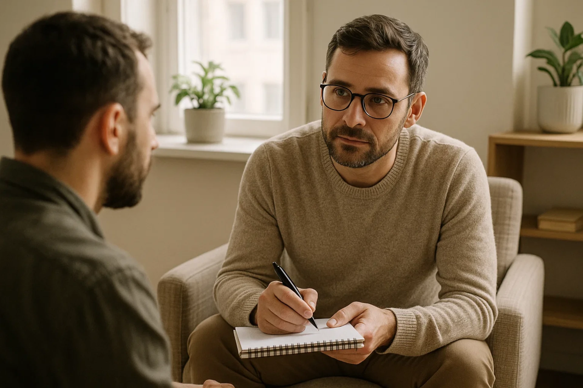 Dois homens em sessão de terapia, um anotando e o outro escutando.