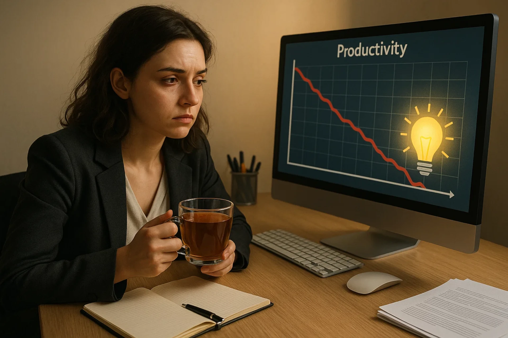 Mulher de expressão cansada segura uma caneca diante do computador com gráfico de produtividade em queda.