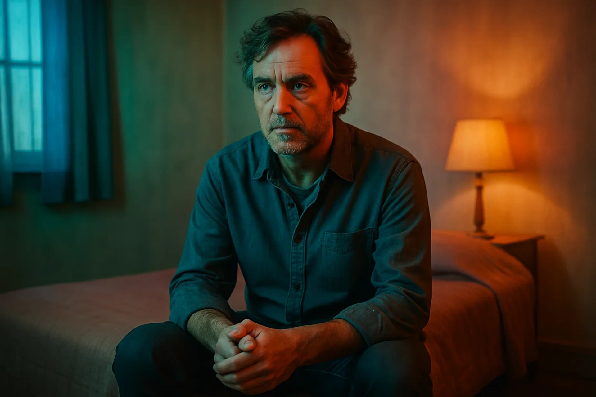 Homem pensativo sentado na beira da cama, em quarto iluminado por luz quente e fria.