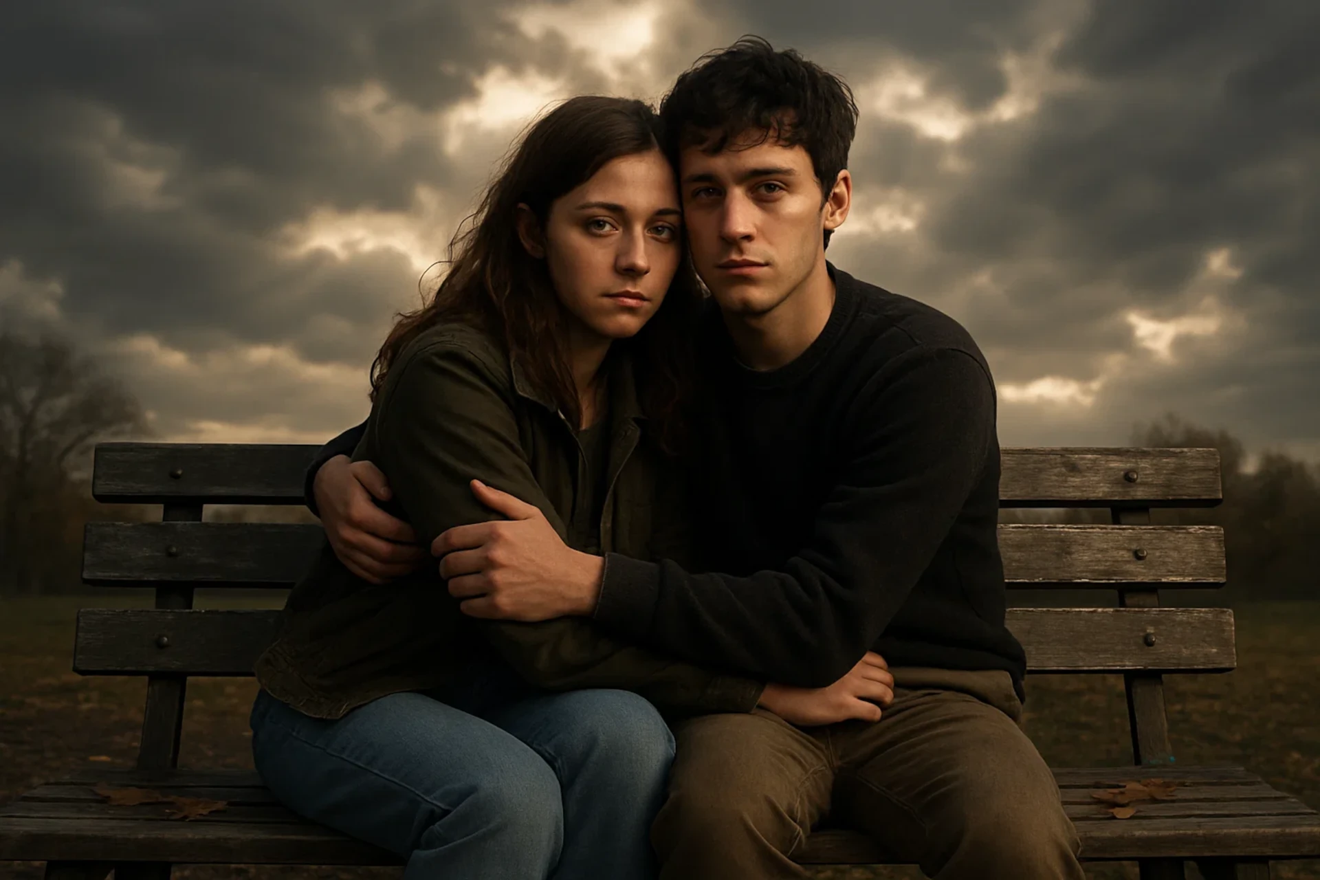Casal sentado em banco de madeira, abraçado sob céu nublado e atmosfera melancólica.