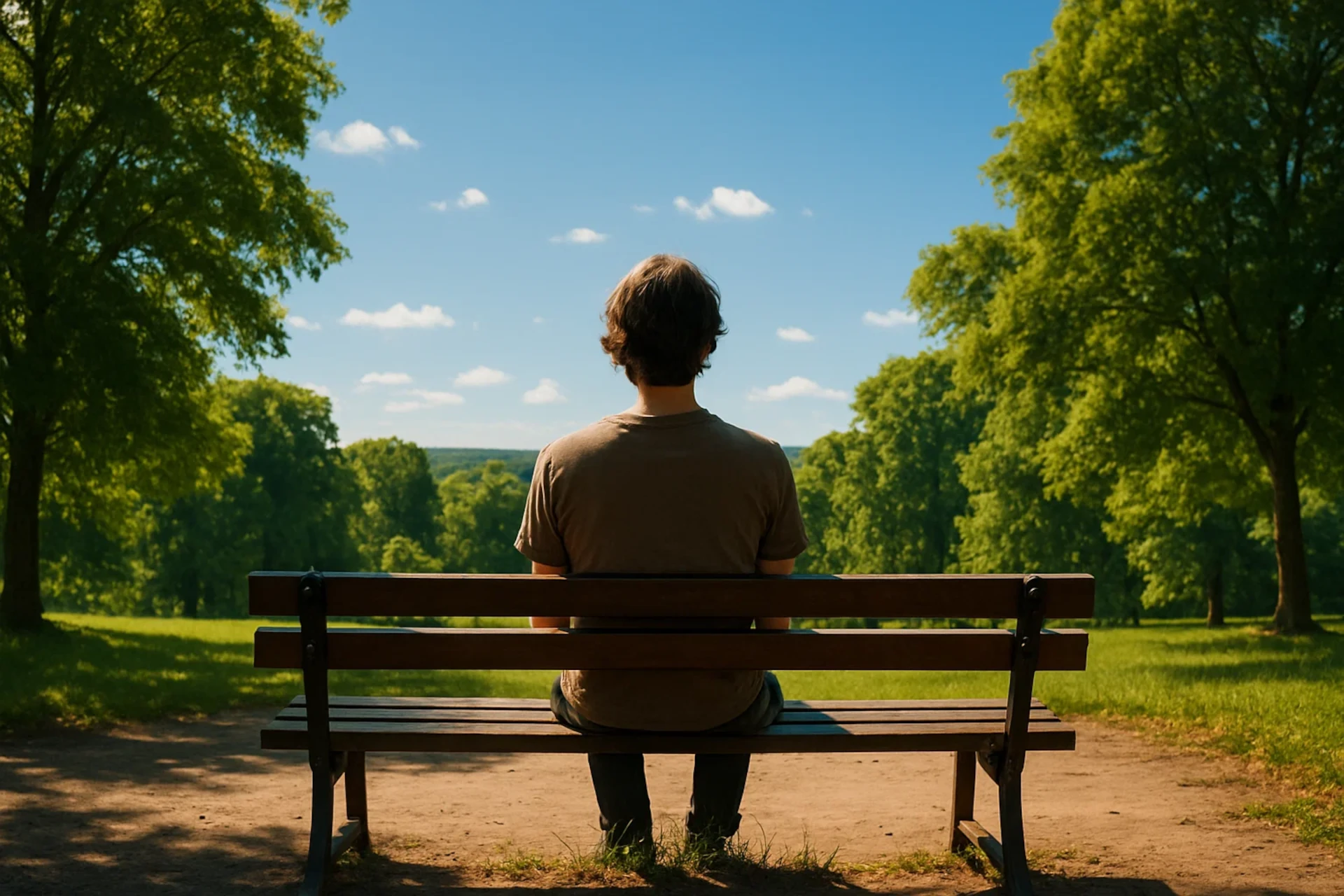 Homem sentado sozinho num banco de madeira, contemplando paisagem verde e céu azul ensolarado, tranquilo.
