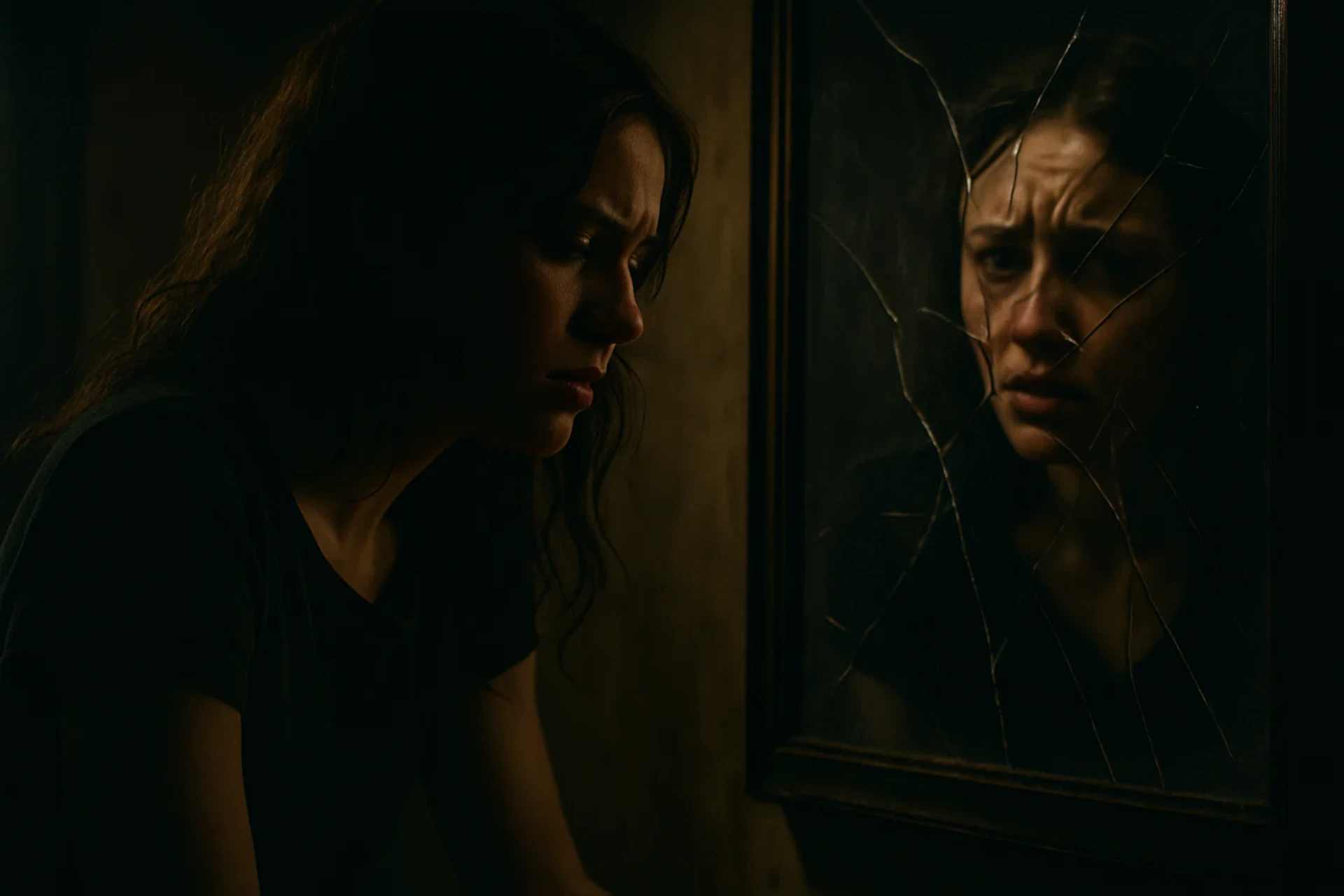 Mulher triste encara seu reflexo em espelho rachado, em ambiente escuro e melancólico.