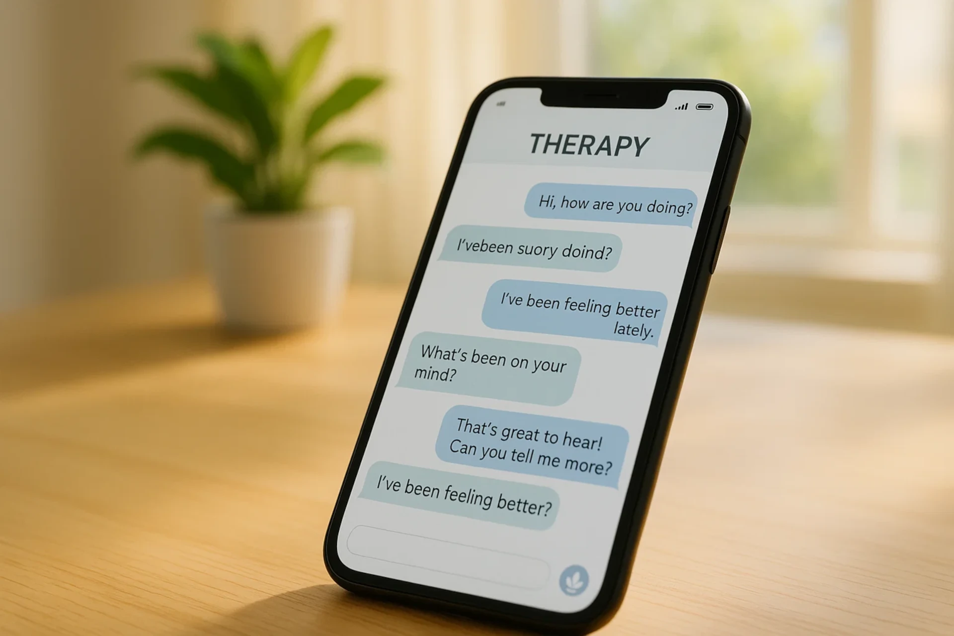 Alt text: Celular mostrando conversa de terapia virtual em mesa de madeira, com planta desfocada ao fundo.