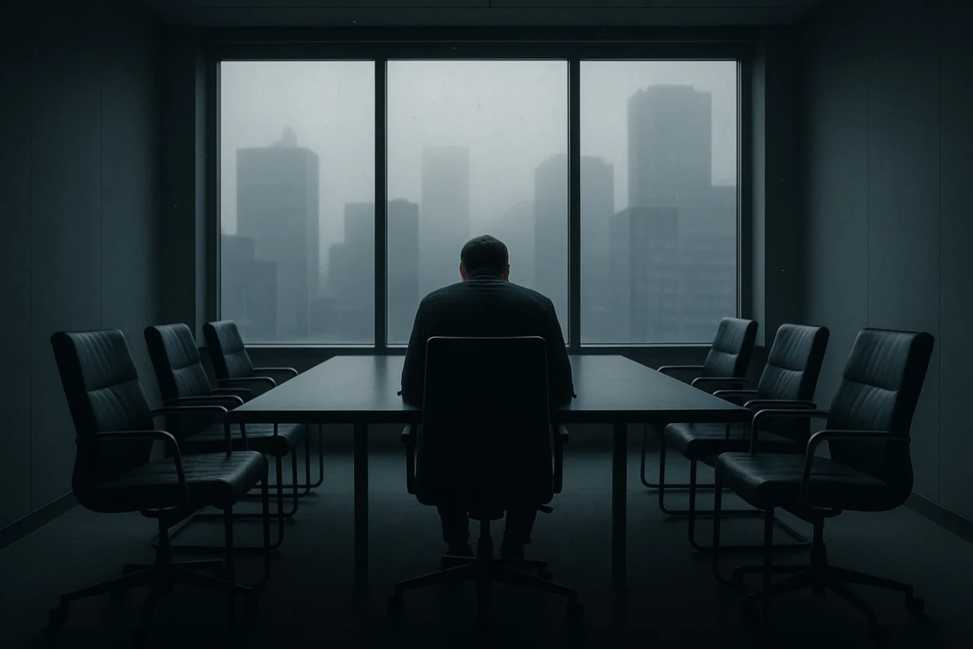 Homem solitário em sala de reunião escura, diante de janela com cidade encoberta pela neblina.