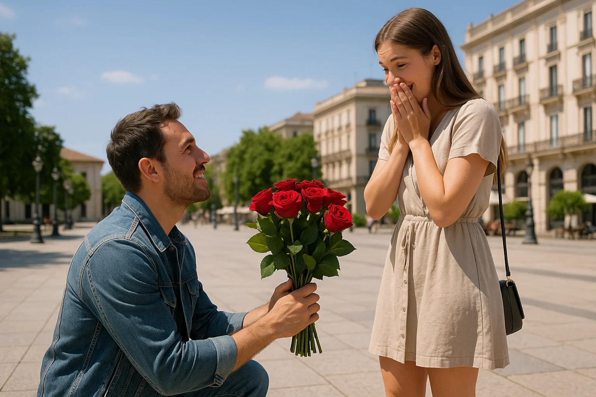 Homem ajoelhado oferece buquê de rosas vermelhas a mulher surpresa em praça ensolarada.