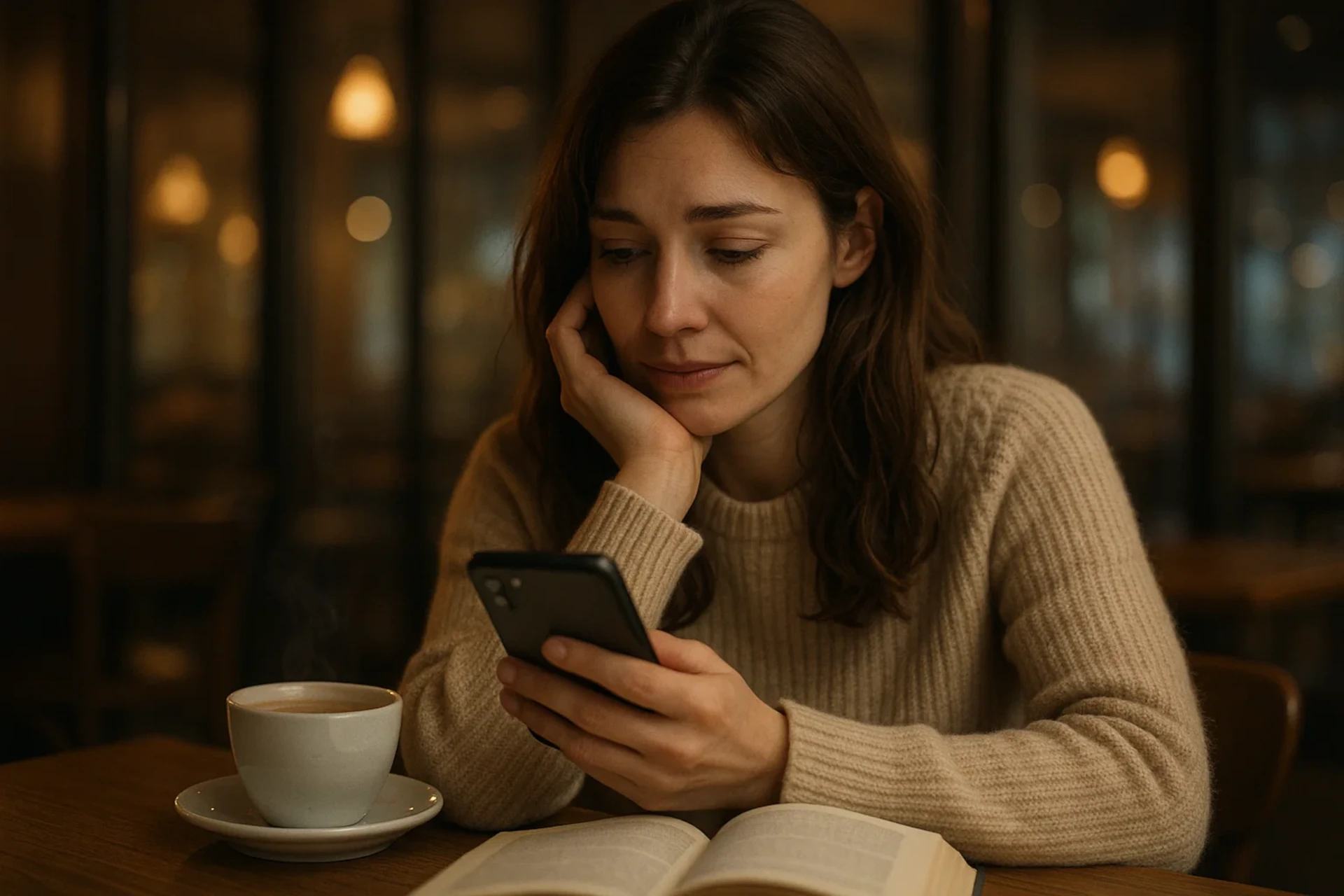 Mulher pensativa em café, olhando o celular enquanto toma café e lê um livro aberto.